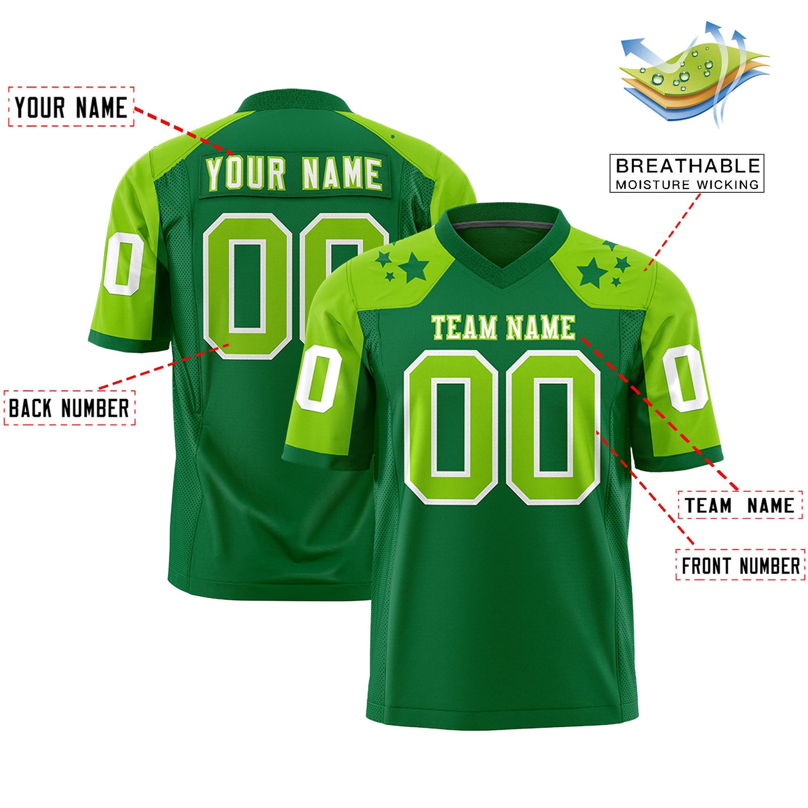 Custom Kelly Green Neon Green Personalized Shoulder Star Pattern Authentic Flag Football Jersey