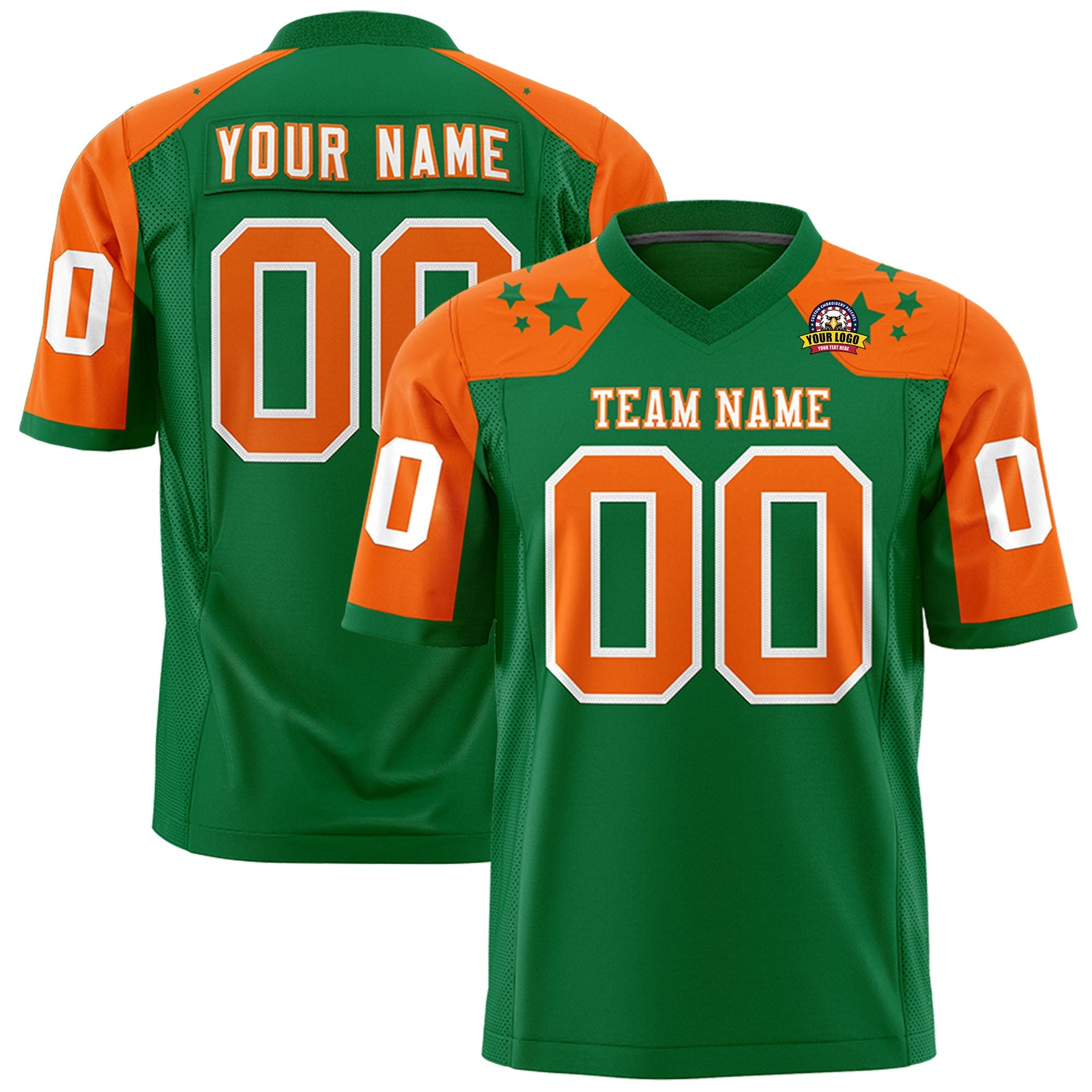 Custom Kelly Green Orange Personalized Shoulder Star Pattern Authentic Flag Football Jersey