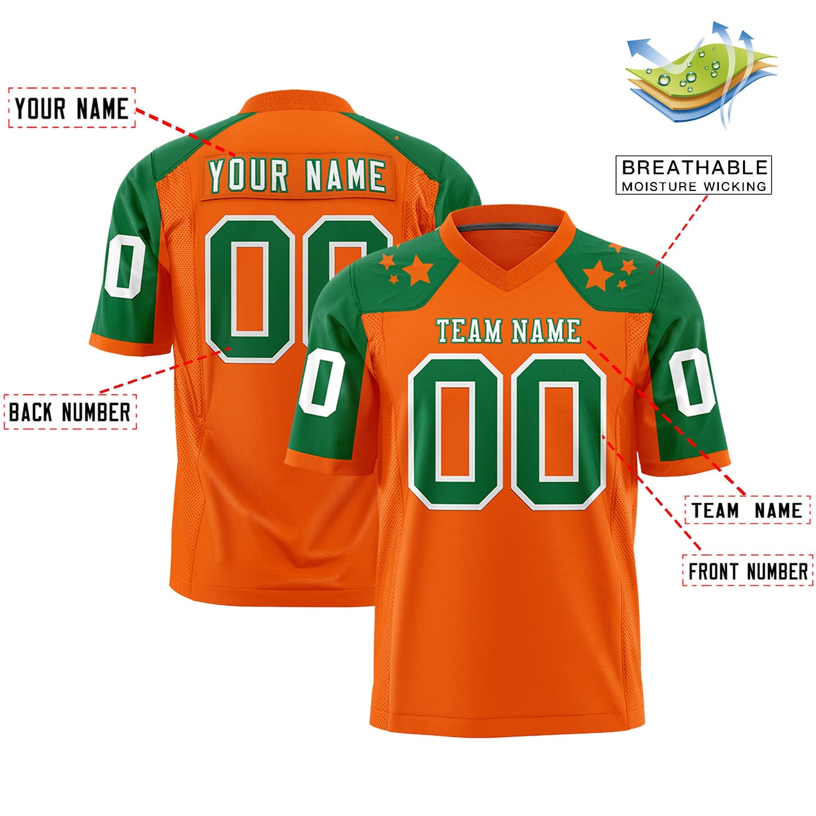 Custom Orange Kelly Green Personalized Shoulder Star Pattern Authentic Flag Football Jersey
