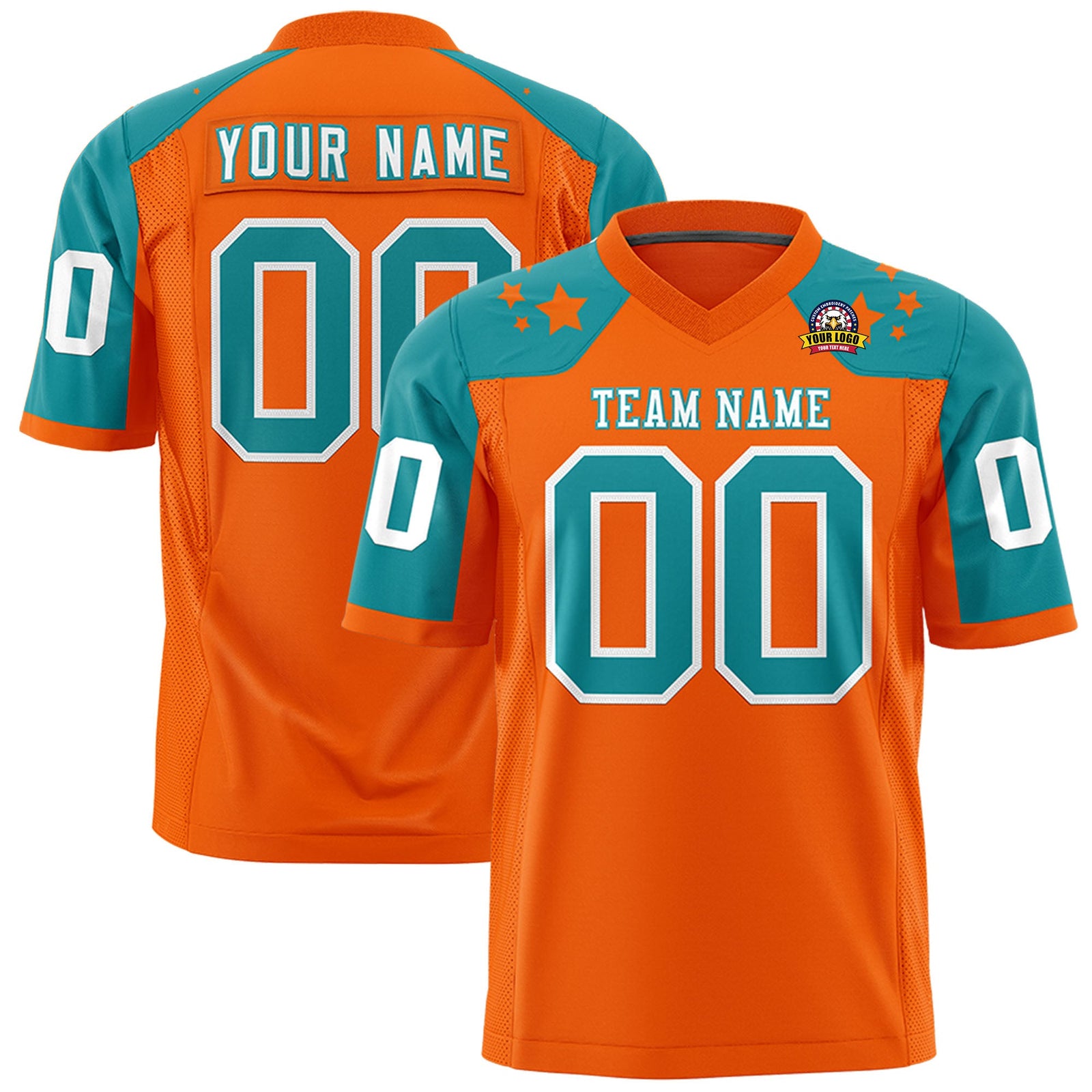 Custom Orange Aqua Personalized Shoulder Star Pattern Authentic Flag Football Jersey