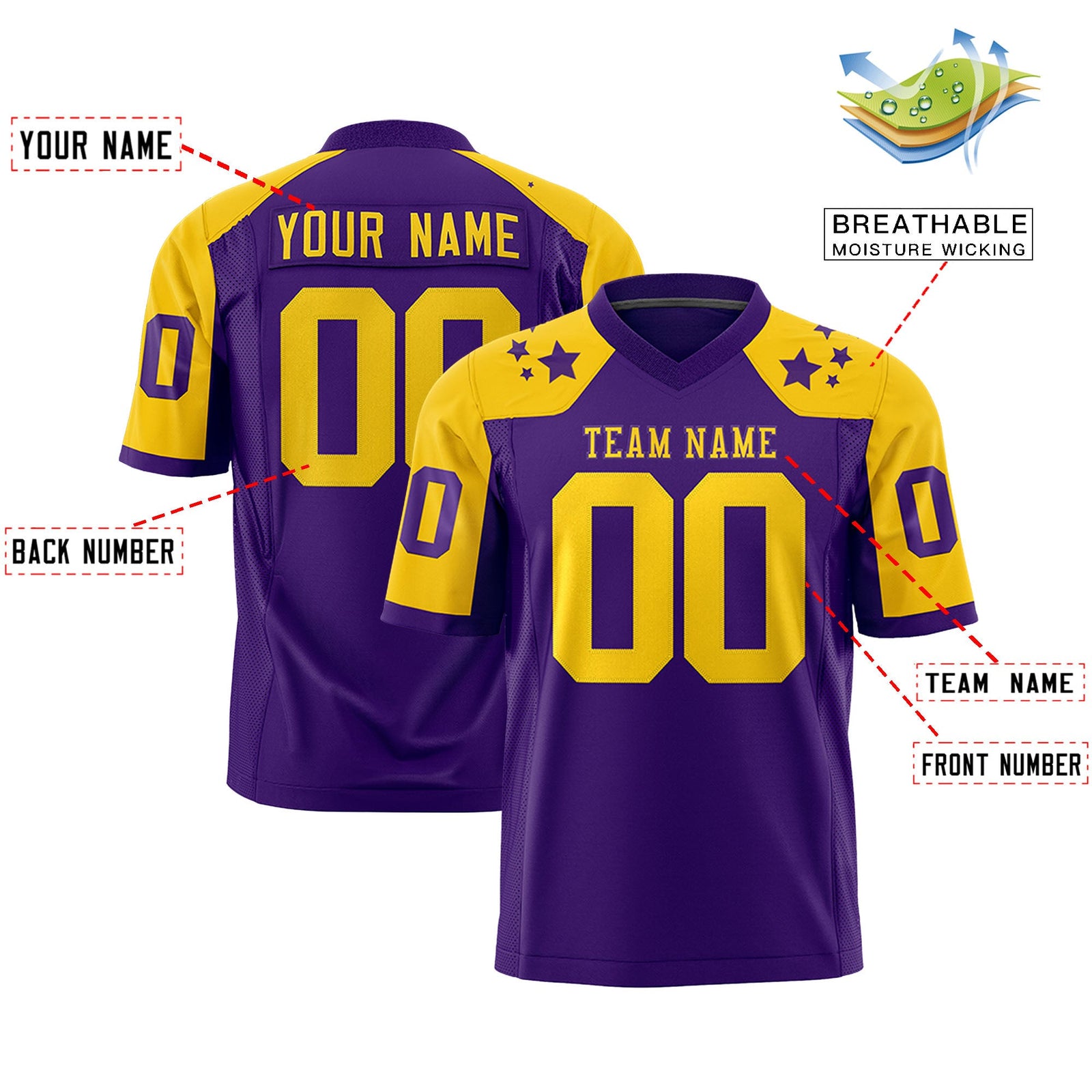 Custom Purple Gold Personalized Shoulder Star Pattern Authentic Flag Football Jersey