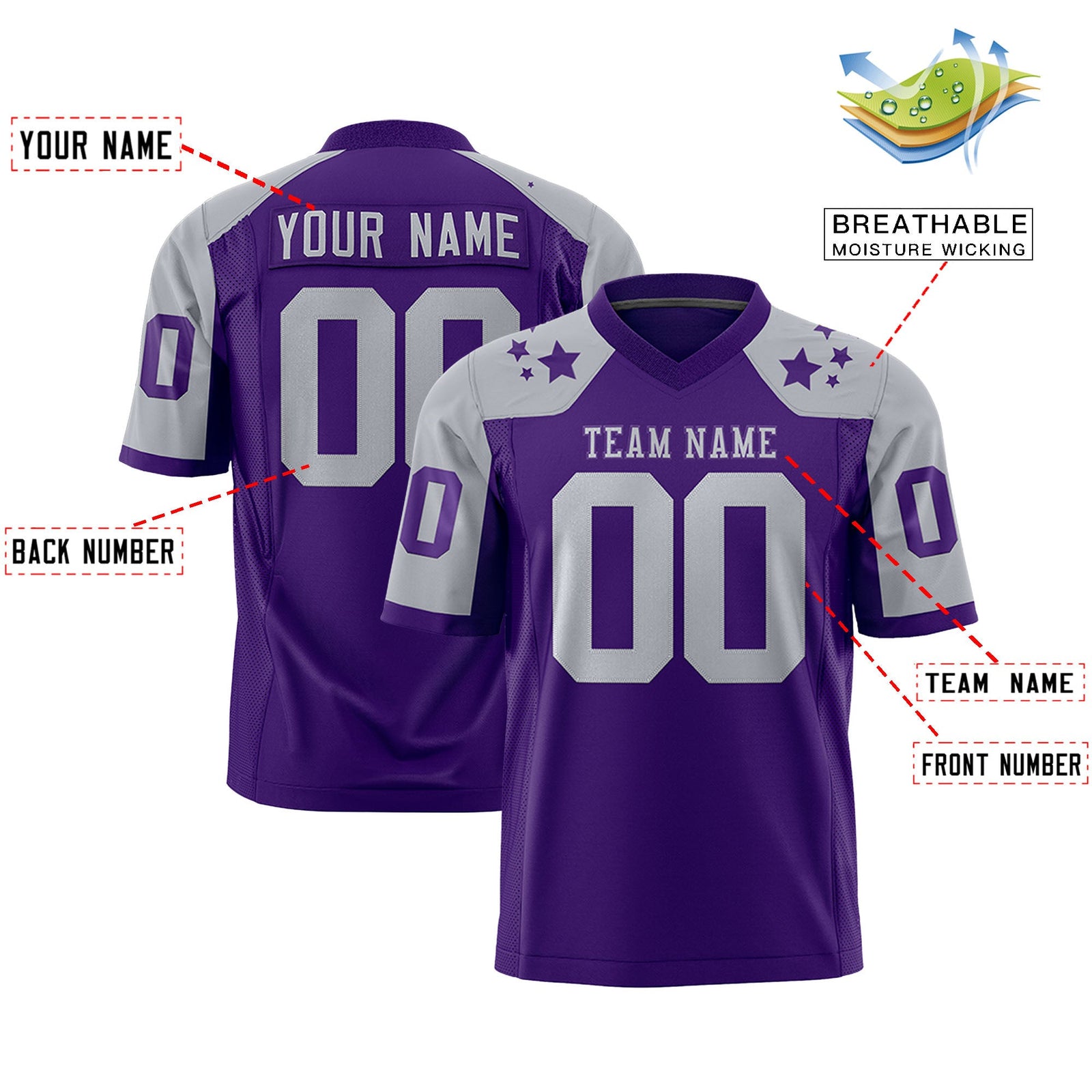 Custom Purple Gray Personalized Shoulder Star Pattern Flag Football Jersey