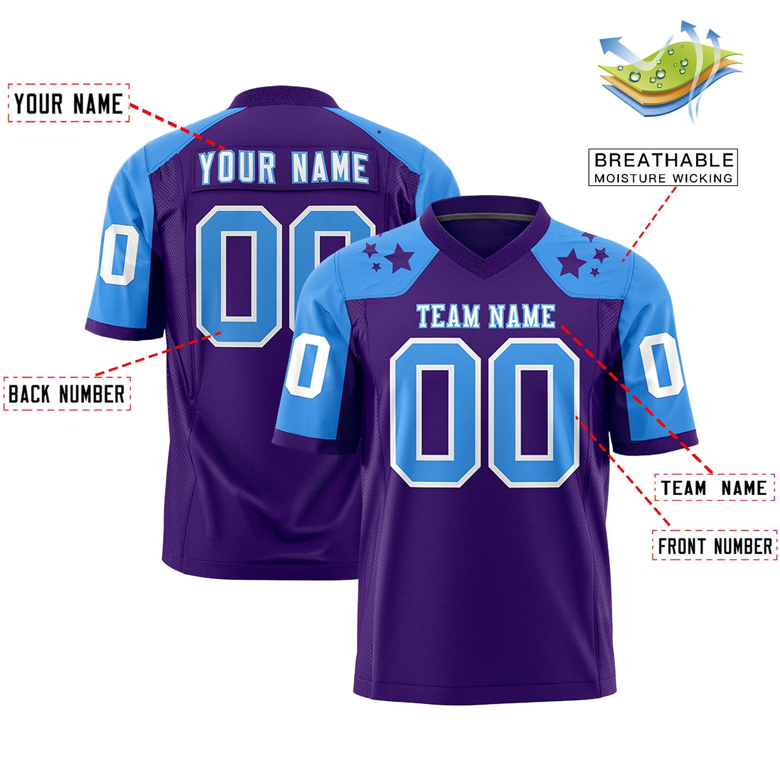 Custom Purple Powder Blue Personalized Shoulder Star Pattern Flag Football Jersey