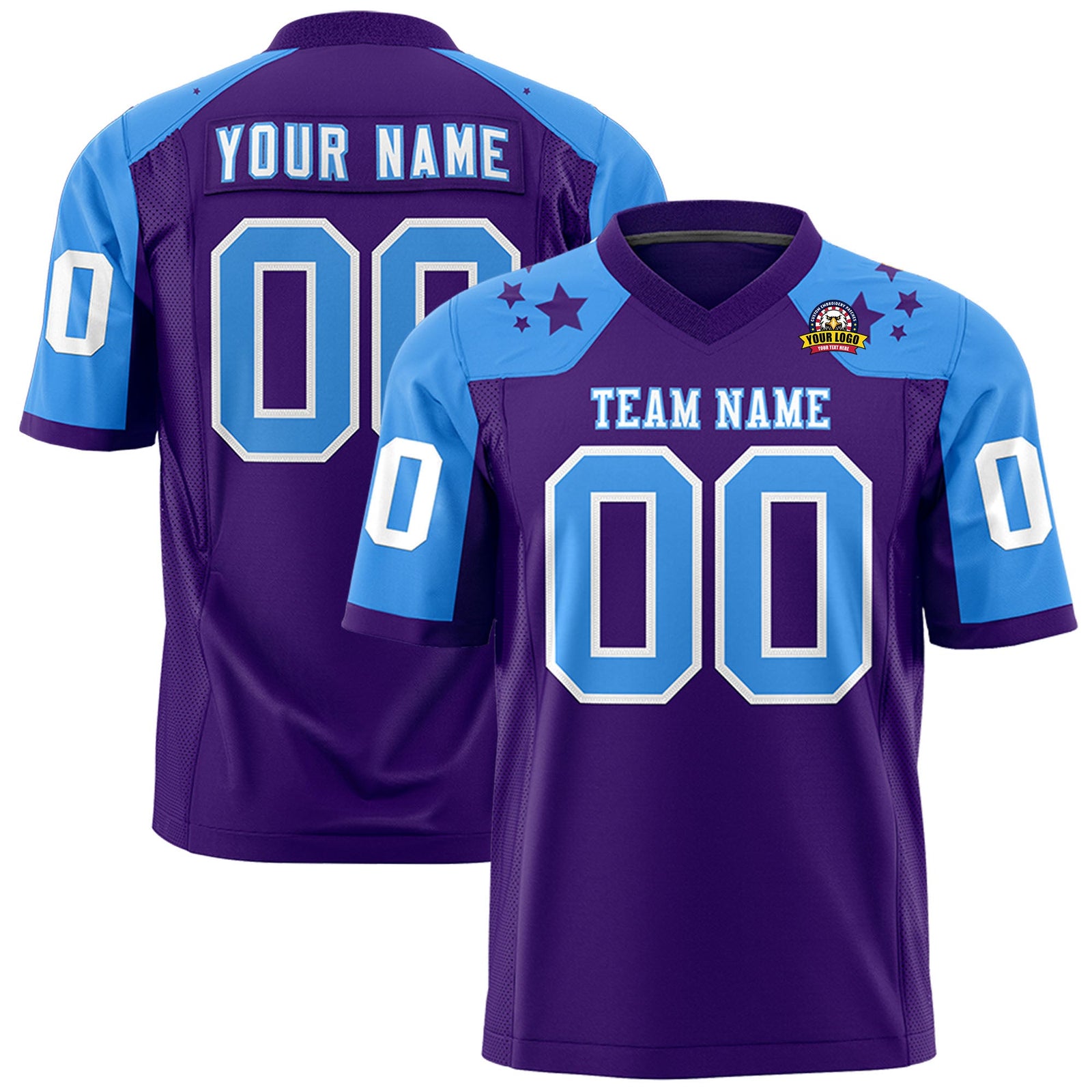 Custom Purple Powder Blue Personalized Shoulder Star Pattern Authentic Flag Football Jersey