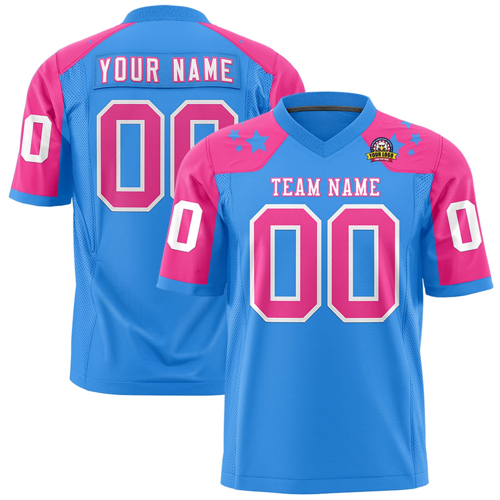 Custom Powder Blue Pink Personalized Shoulder Star Pattern Authentic Flag Football Jersey
