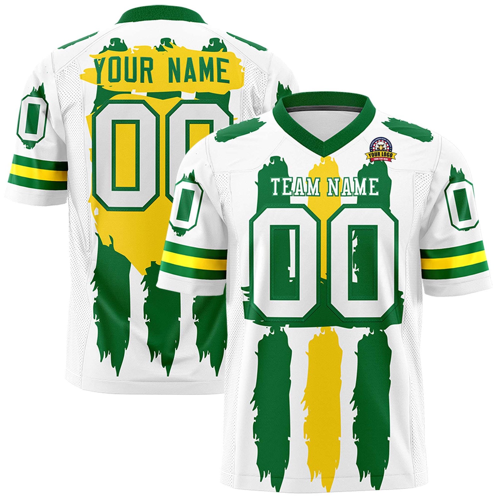 Custom Flag Football Jersey | White Kelly Green and Gold Graffiti Pattern Practice 7on7 Uniforms | Add name, number & logo| KXKSHOP