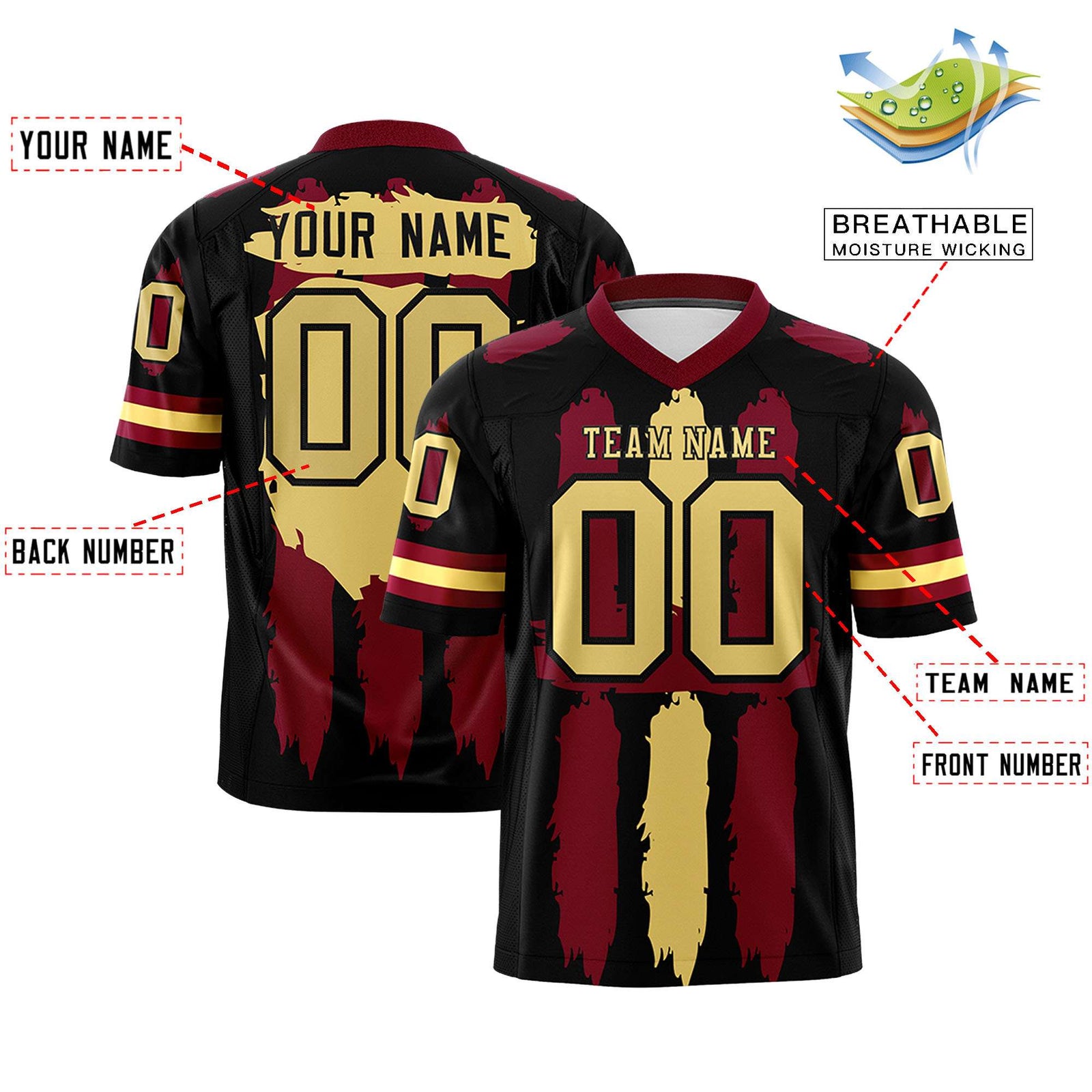 Custom Flag Football Jersey | Black Crimson and Khaki Graffiti Pattern Practice 7on7 Uniforms | Add name, number & logo| KXKSHOP