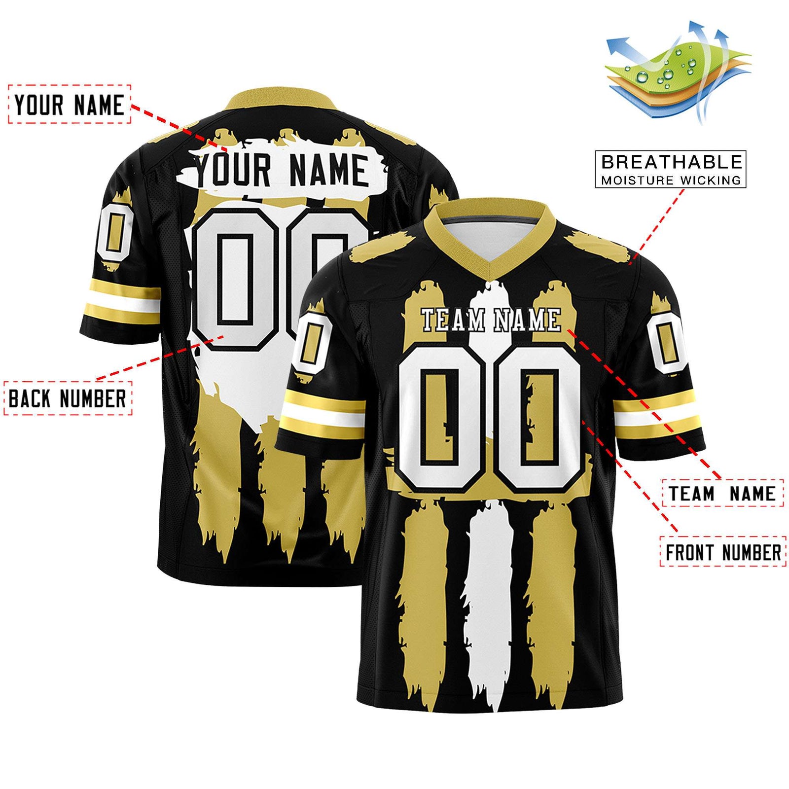 Custom Flag Football Jersey | Black Old Gold and White Graffiti Pattern Practice 7on7 Uniforms | Add name, number & logo| KXKSHOP