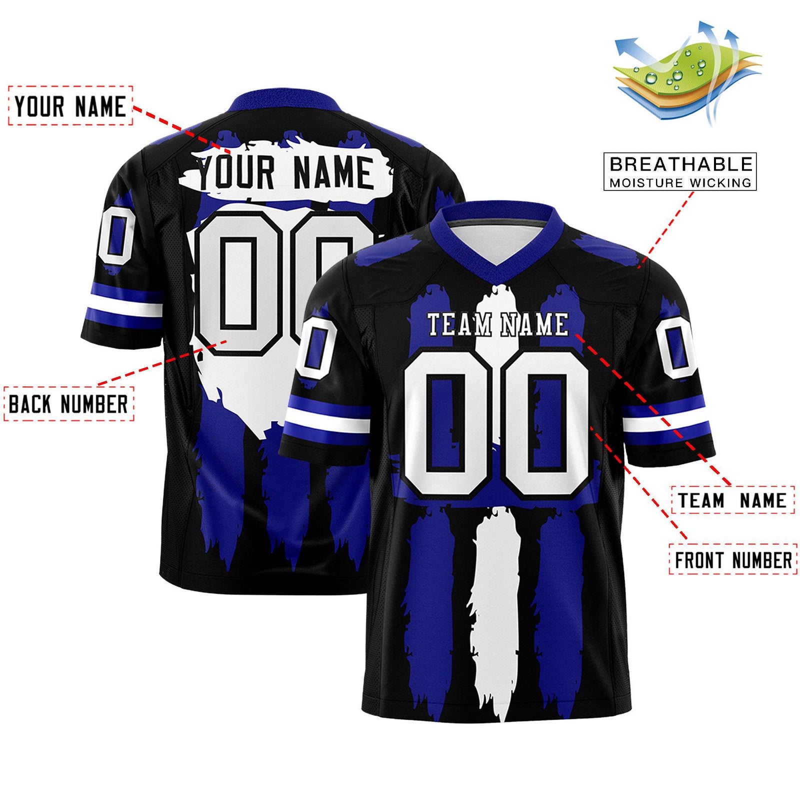 Custom Flag Football Jersey | Black Royal and White Graffiti Pattern Practice 7on7 Uniforms | Add name, number & logo| KXKSHOP