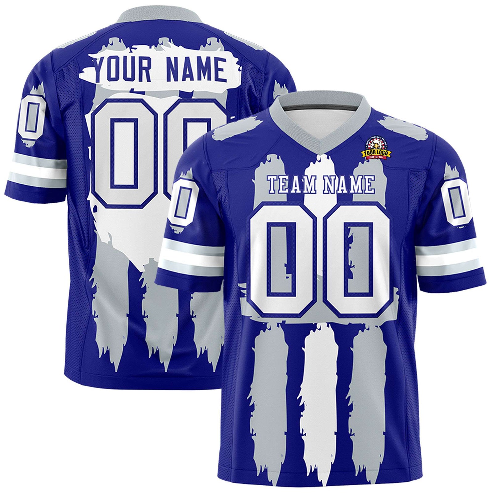 Custom Flag Football Jersey | Royal Silver and White Graffiti Pattern Practice 7on7 Uniforms | Add name, number & logo| KXKSHOP