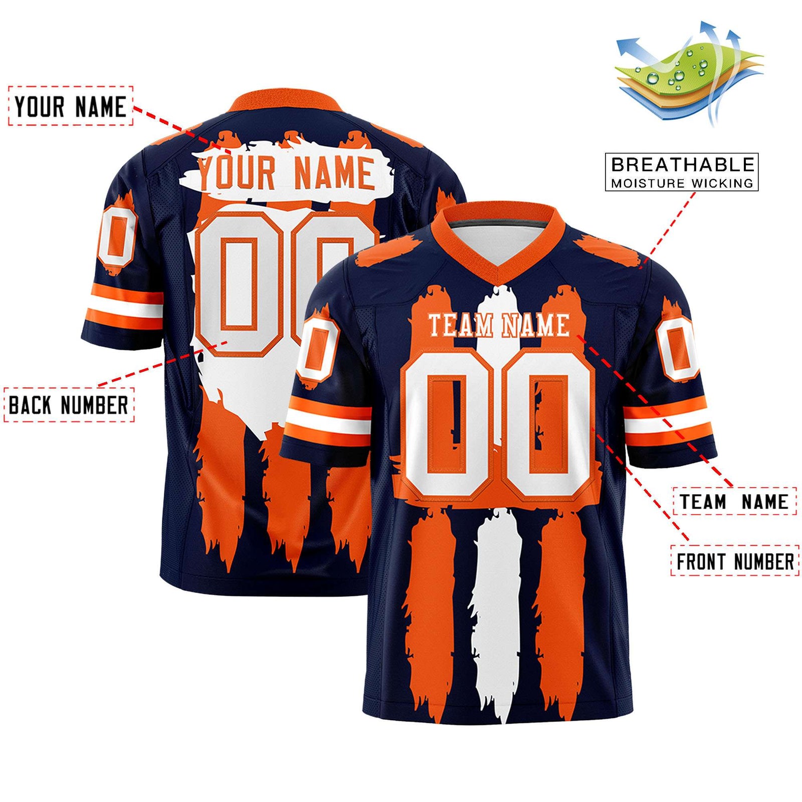 Custom Flag Football Jersey | Navy Orange and White Graffiti Pattern Practice 7on7 Uniforms | Add name, number & logo| KXKSHOP