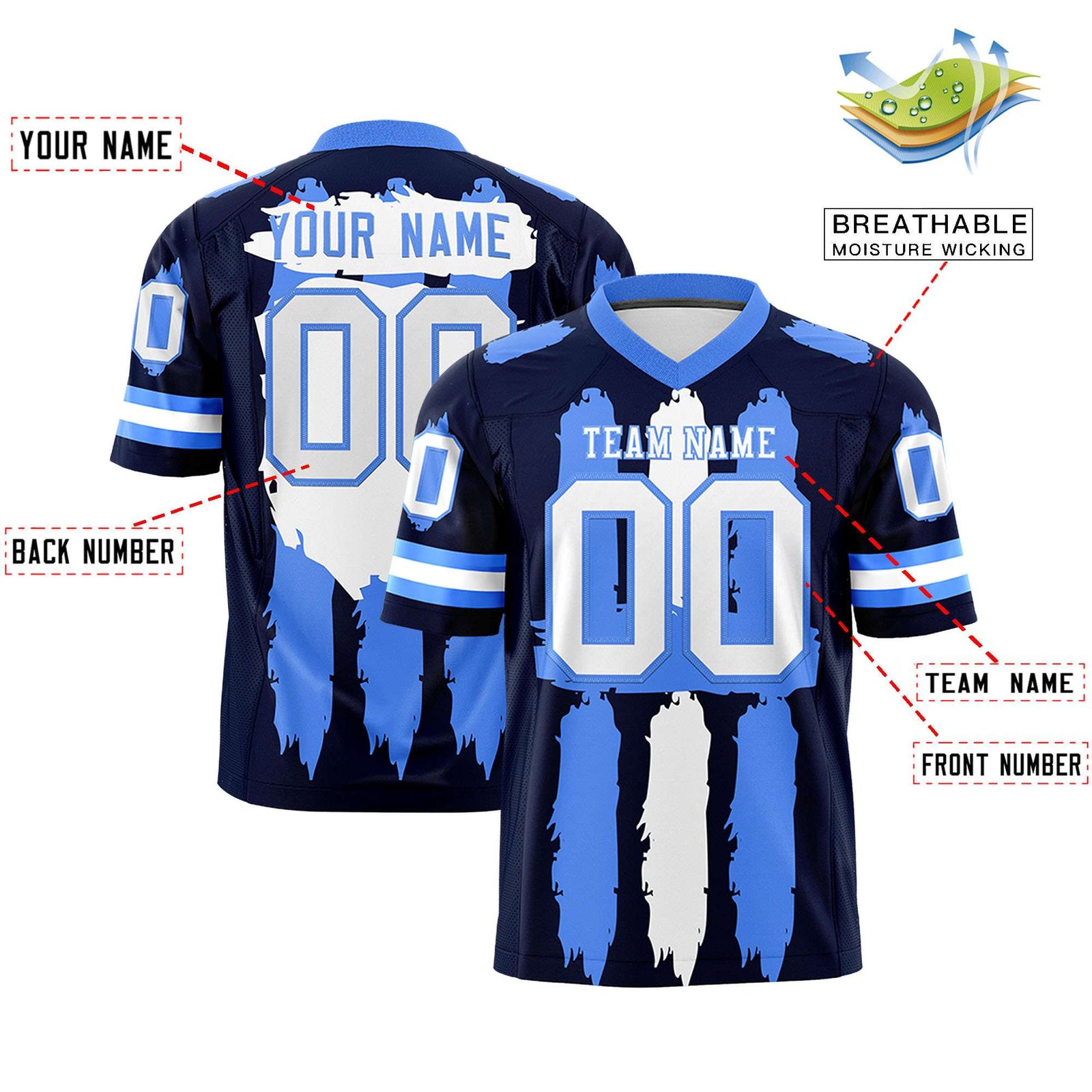 Custom Flag Football Jersey | Navy Powder Blue and White Graffiti Pattern Practice 7on7 Uniforms | Add name, number & logo| KXKSHOP