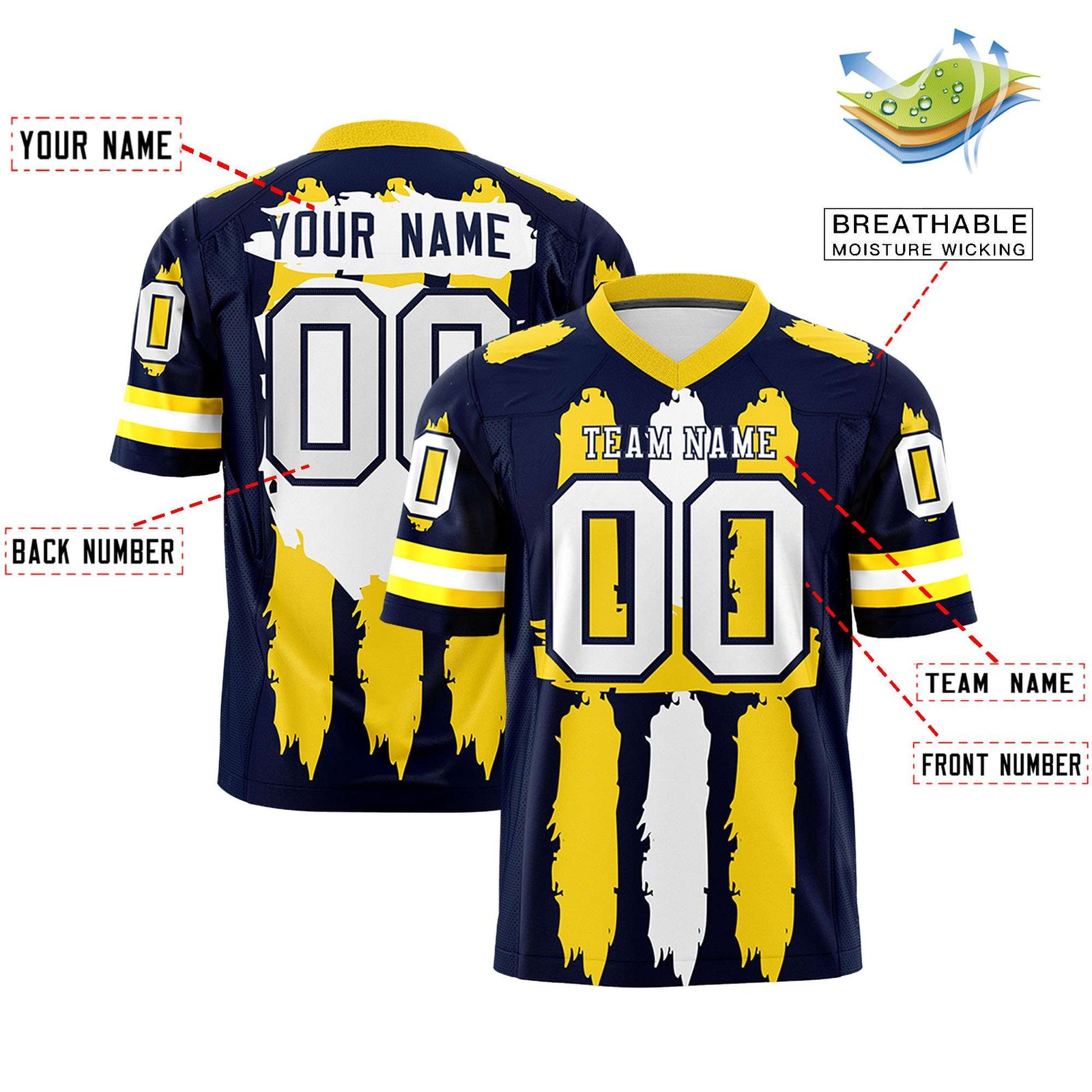 Custom Flag Football Jersey | Navy Gold and White Graffiti Pattern Practice 7on7 Uniforms | Add name, number & logo| KXKSHOP