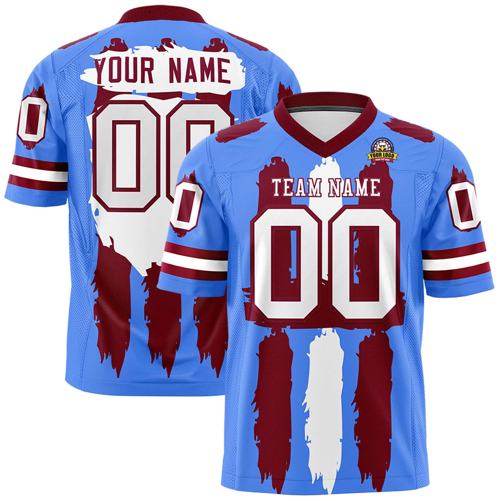 Custom Flag Football Jersey | Powder Blue Crimson and White Graffiti Pattern 7on7 Uniforms | Practice 7on7 Uniforms | Add Name, Number & Logo | KXKSHOP