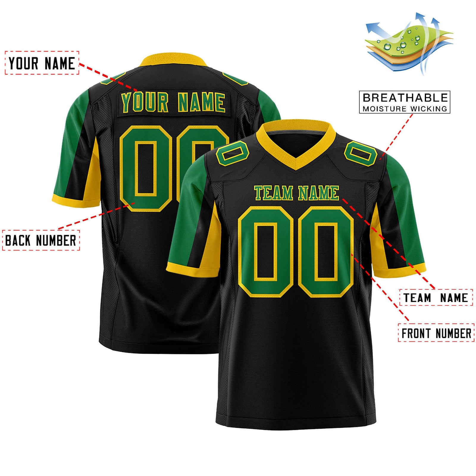Custom Black Kelly Green-Gold Color Block Personalized Raglan Sleeves Authentic Football Jersey