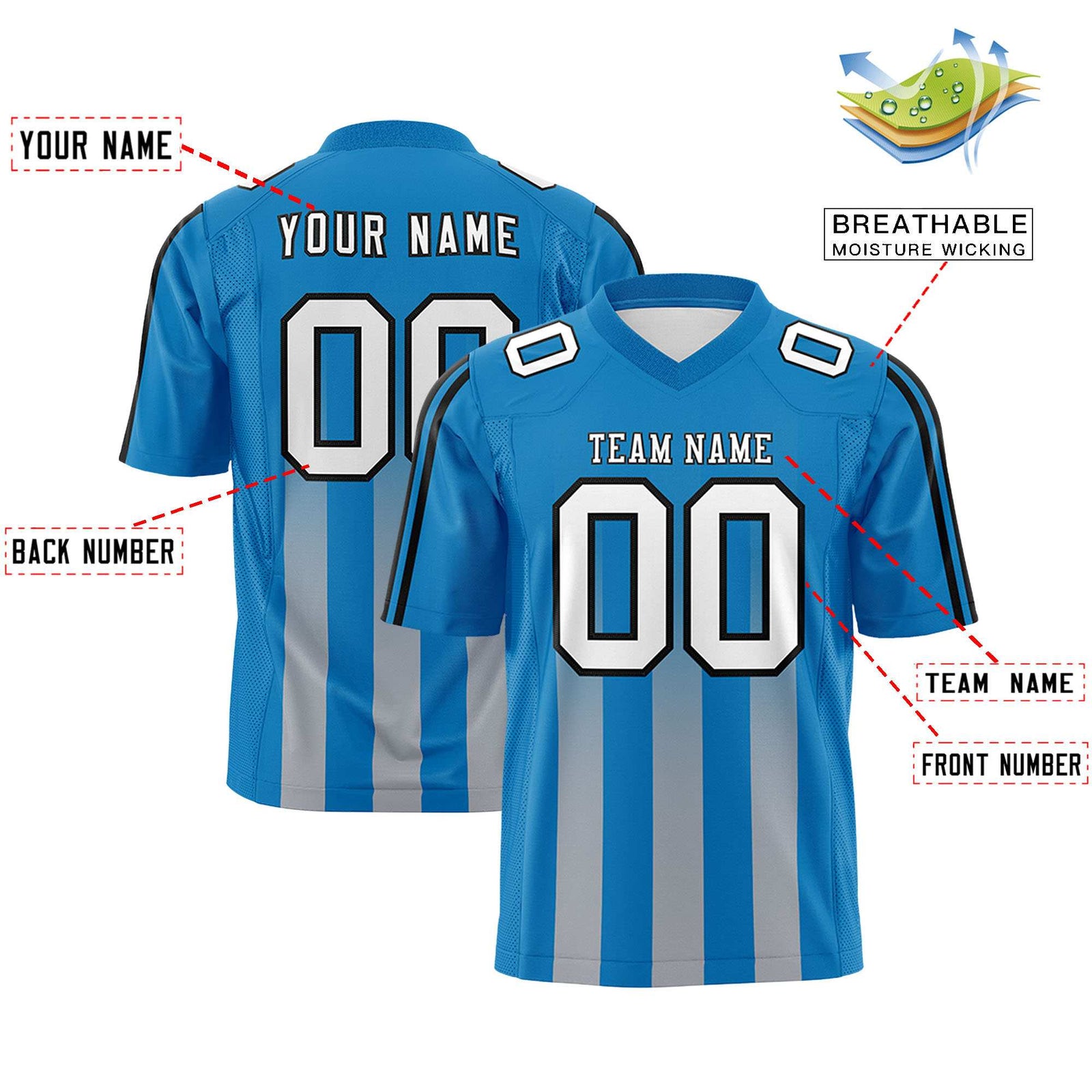 Custom Powder Blue Grey Vertical Fine Stripe Gradient Fashion Personalized Team Football Jersey