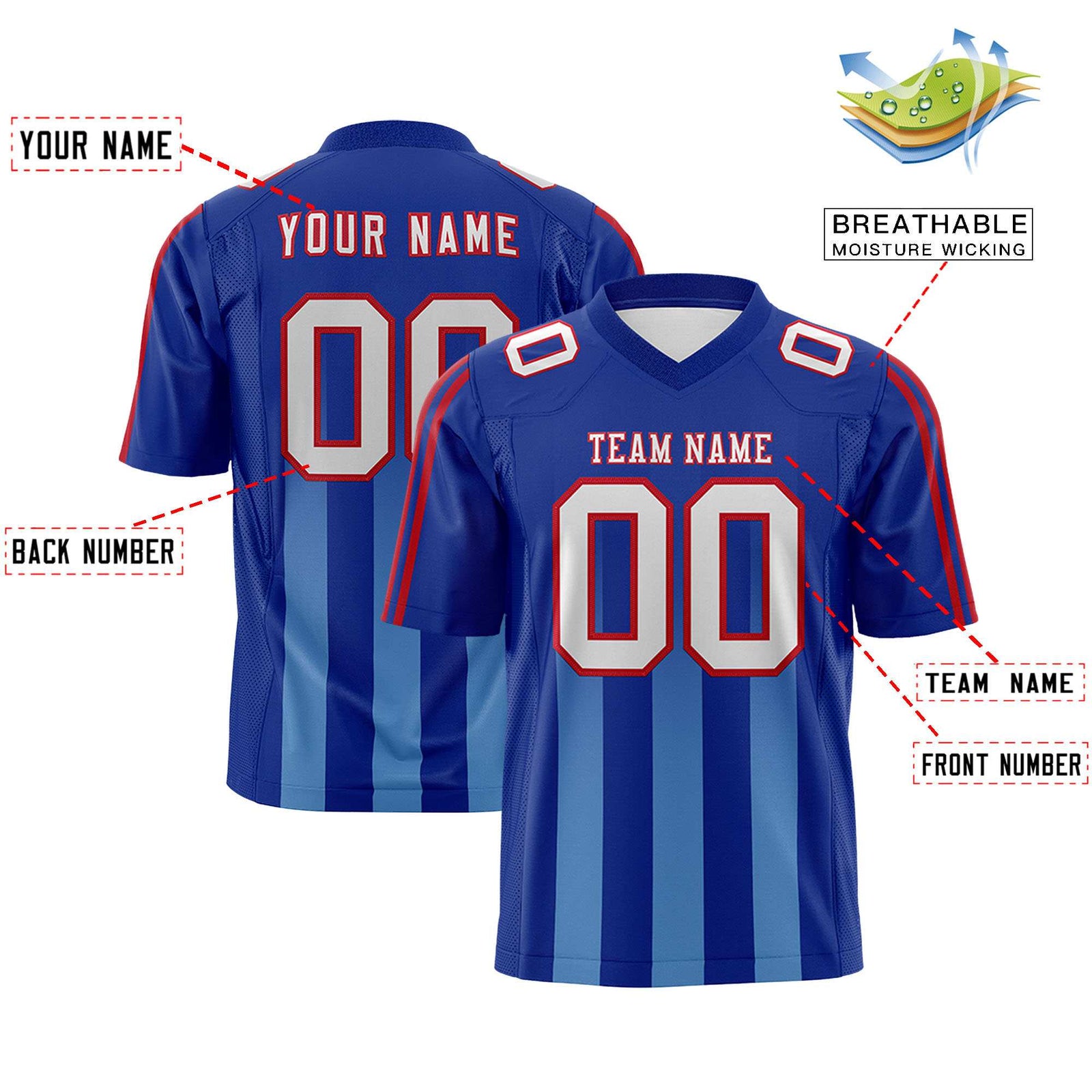 Custom Royal Powder Blue Vertical Fine Stripe Gradient Fashion Personalized Team Football Jersey