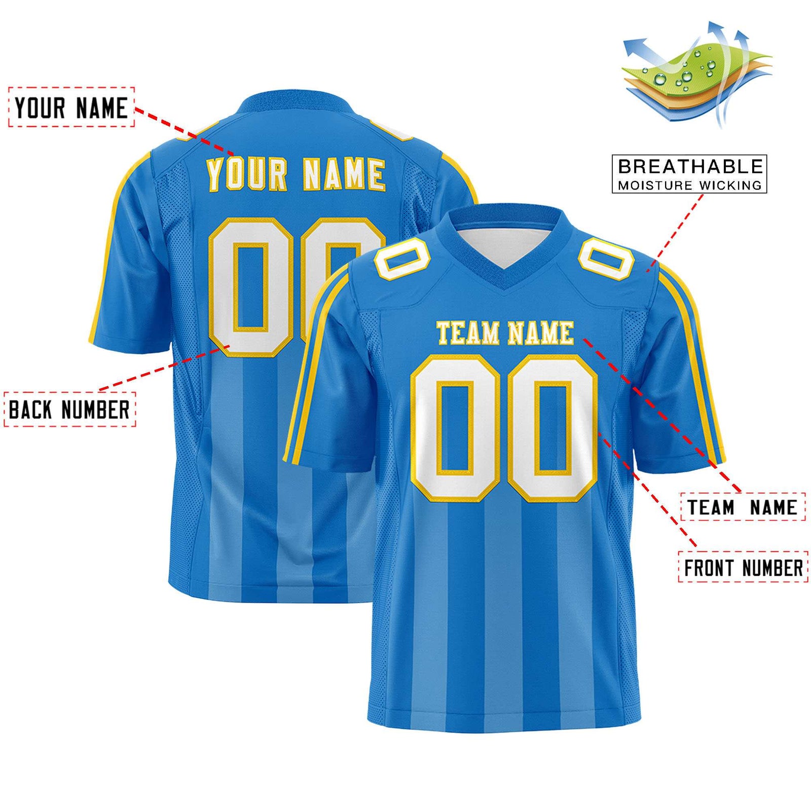 Custom Powder Blue White Vertical Fine Stripe Gradient Fashion Personalized Team Football Jersey