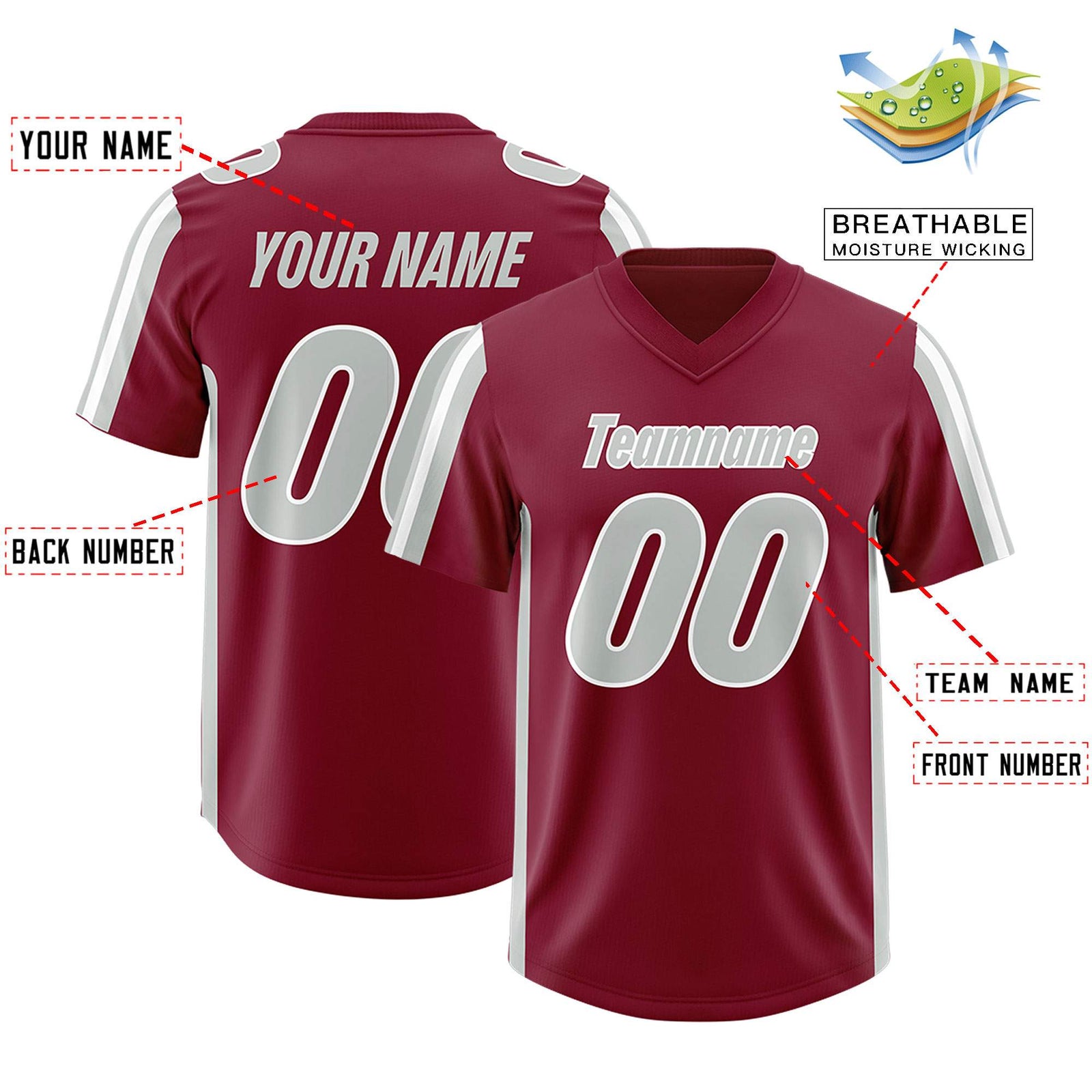 Custom Cardinal Gray and White Side Stripe Pattern Authentic Football Jersey