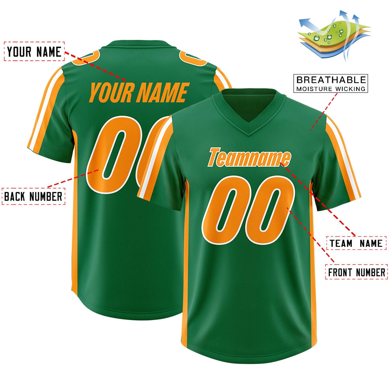 Custom Kelly Green Gold Orange and White Side Stripe Pattern Authentic Football Jersey