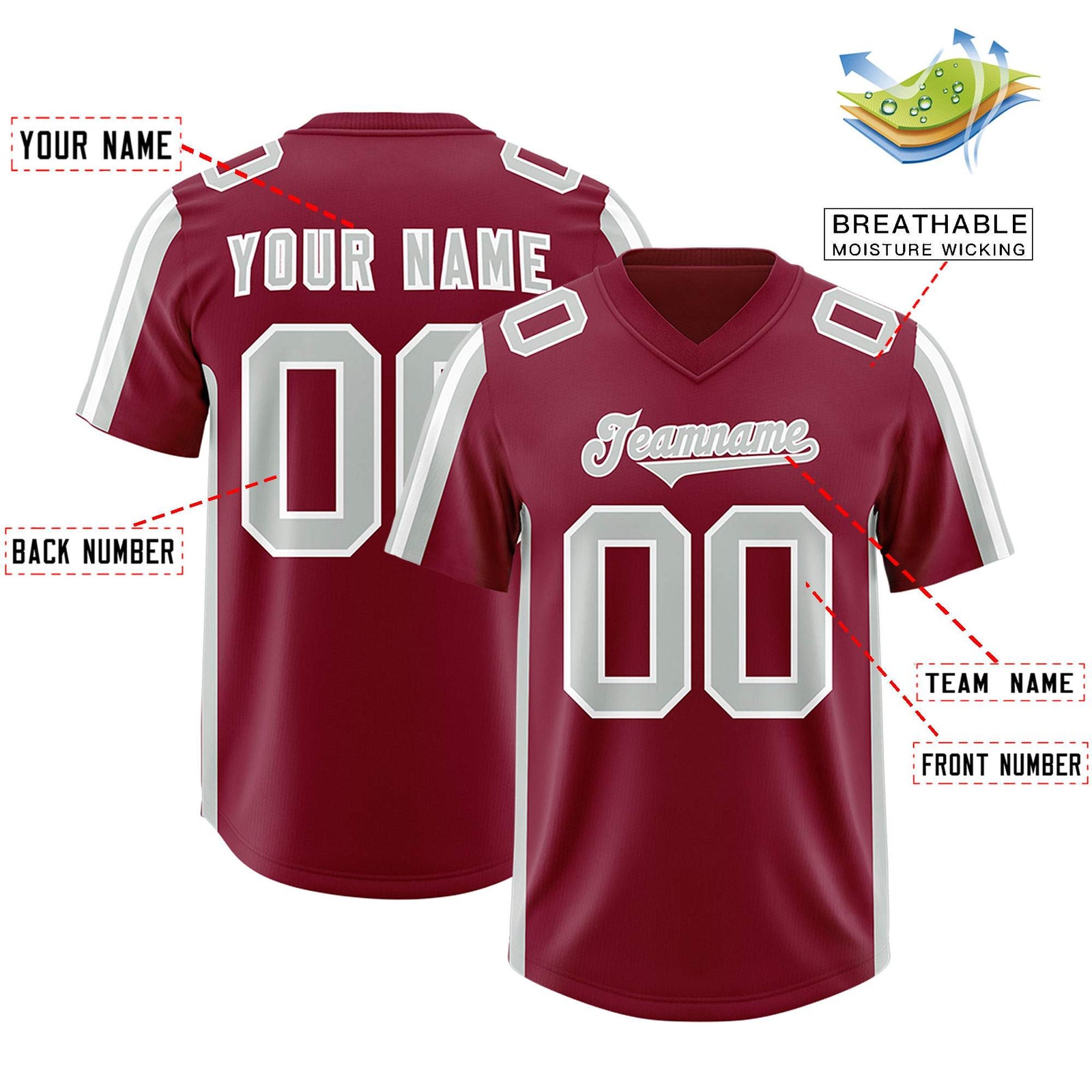 Custom Cardinal Gray and White Side Stripe Pattern Authentic Football Jersey