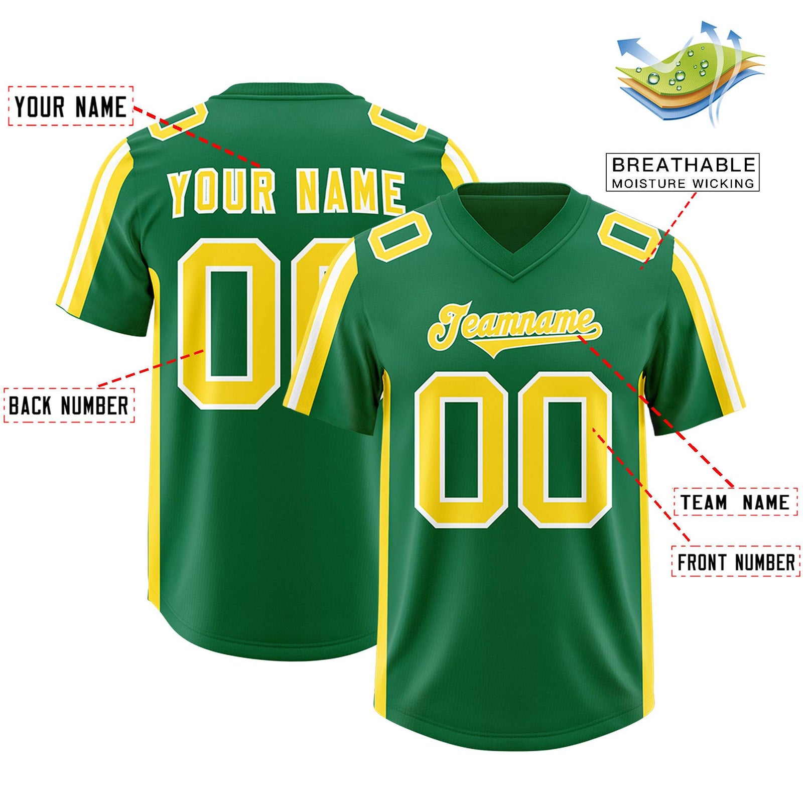 Custom Kelly Green Gold and White Side Stripe Pattern Authentic Football Jersey