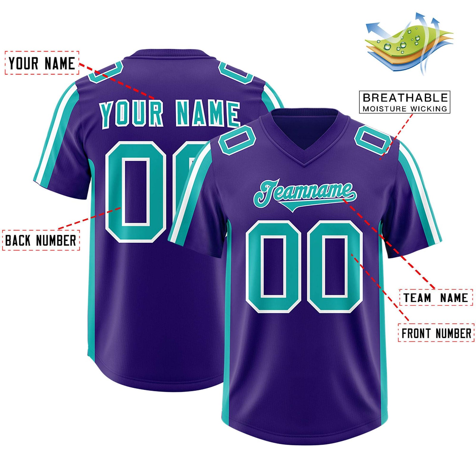 Custom Purple Aqua and White Side Stripe Pattern Authentic Football Jersey