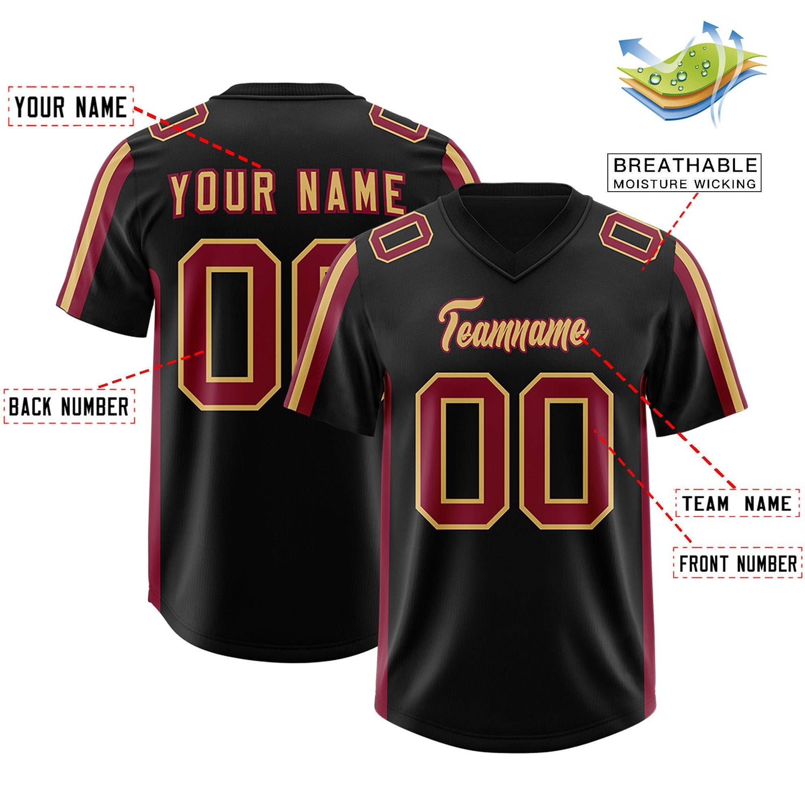Custom Black Cardinal and Old Gold Side Stripe Pattern Authentic Football Jersey