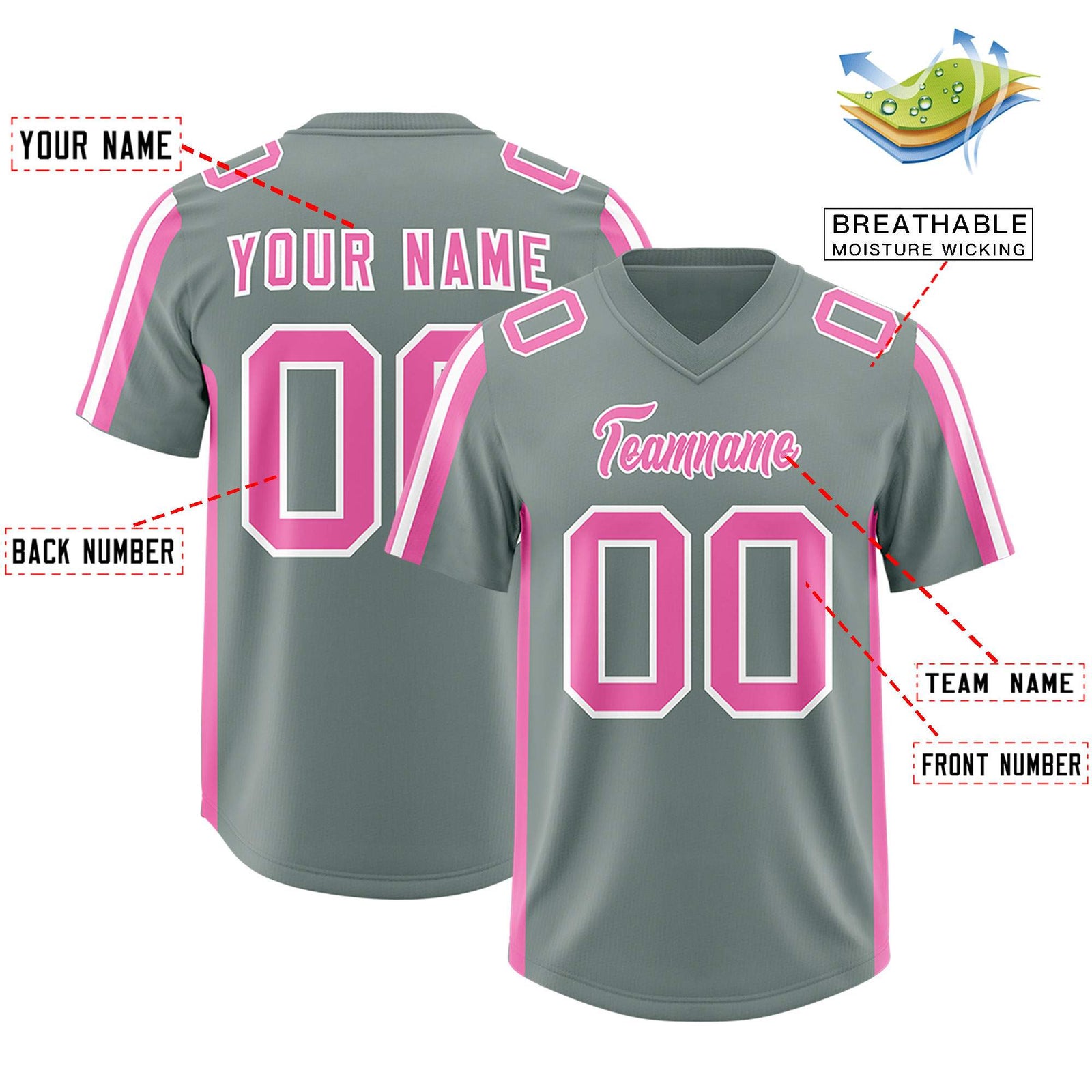 Custom Grey Pink and White Side Stripe Pattern Authentic Football Jersey