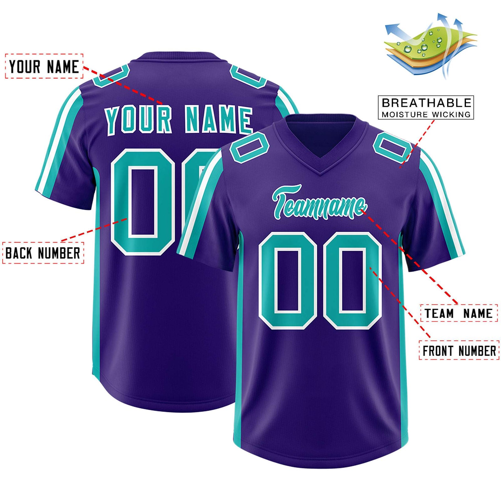 Custom Purple Aqua and White Side Stripe Pattern Authentic Football Jersey
