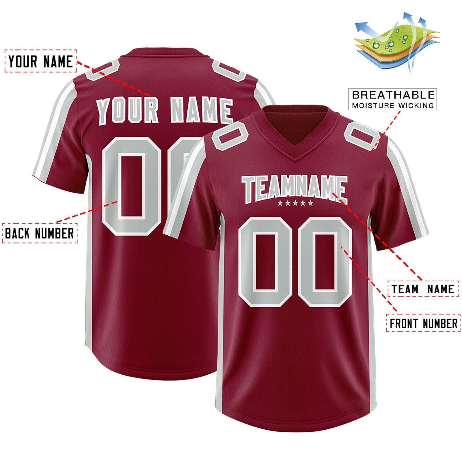 Custom Cardinal Gray and White Side Stripe Pattern Authentic Football Jersey