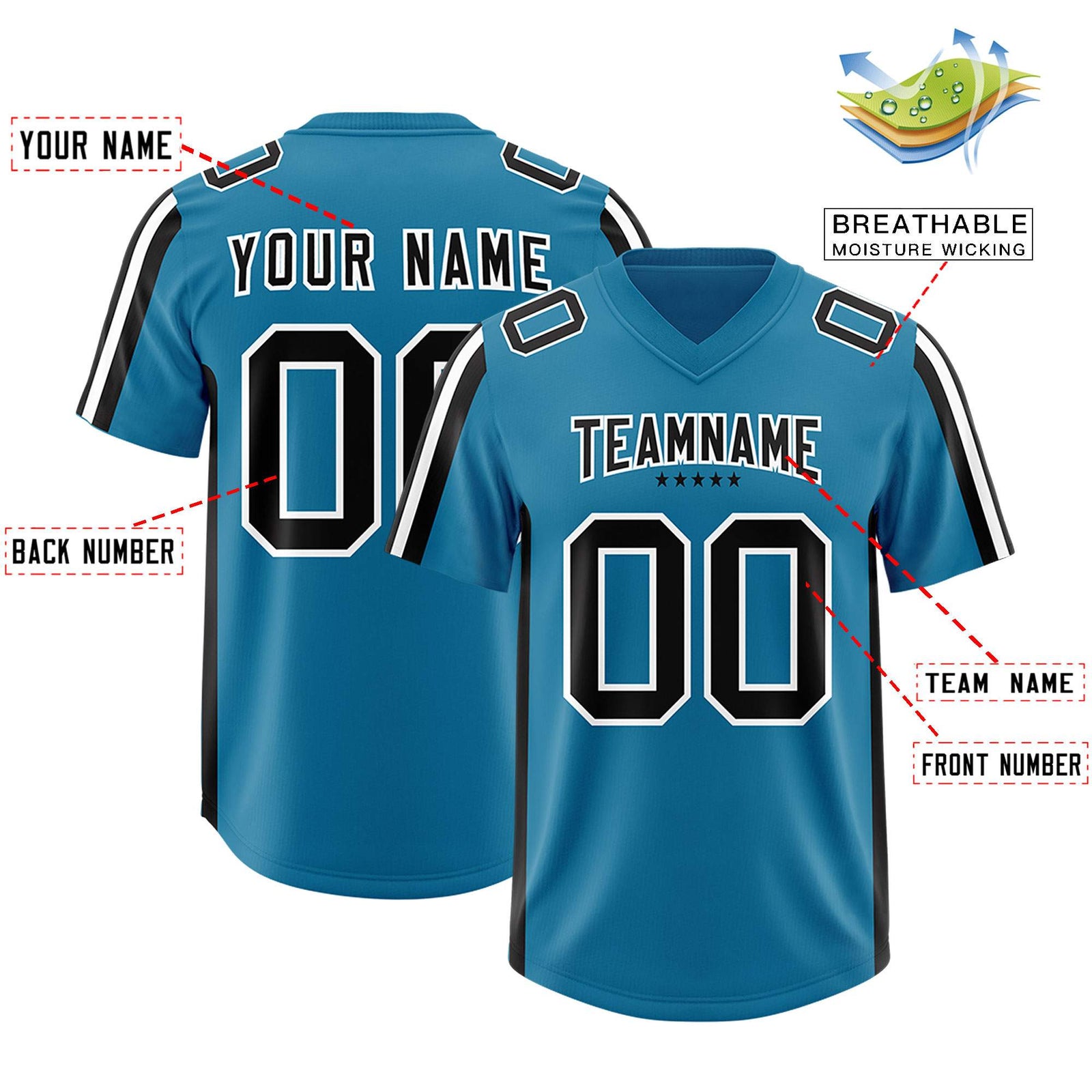 Custom Panther Blue Black and White Side Stripe Pattern Authentic Football Jersey