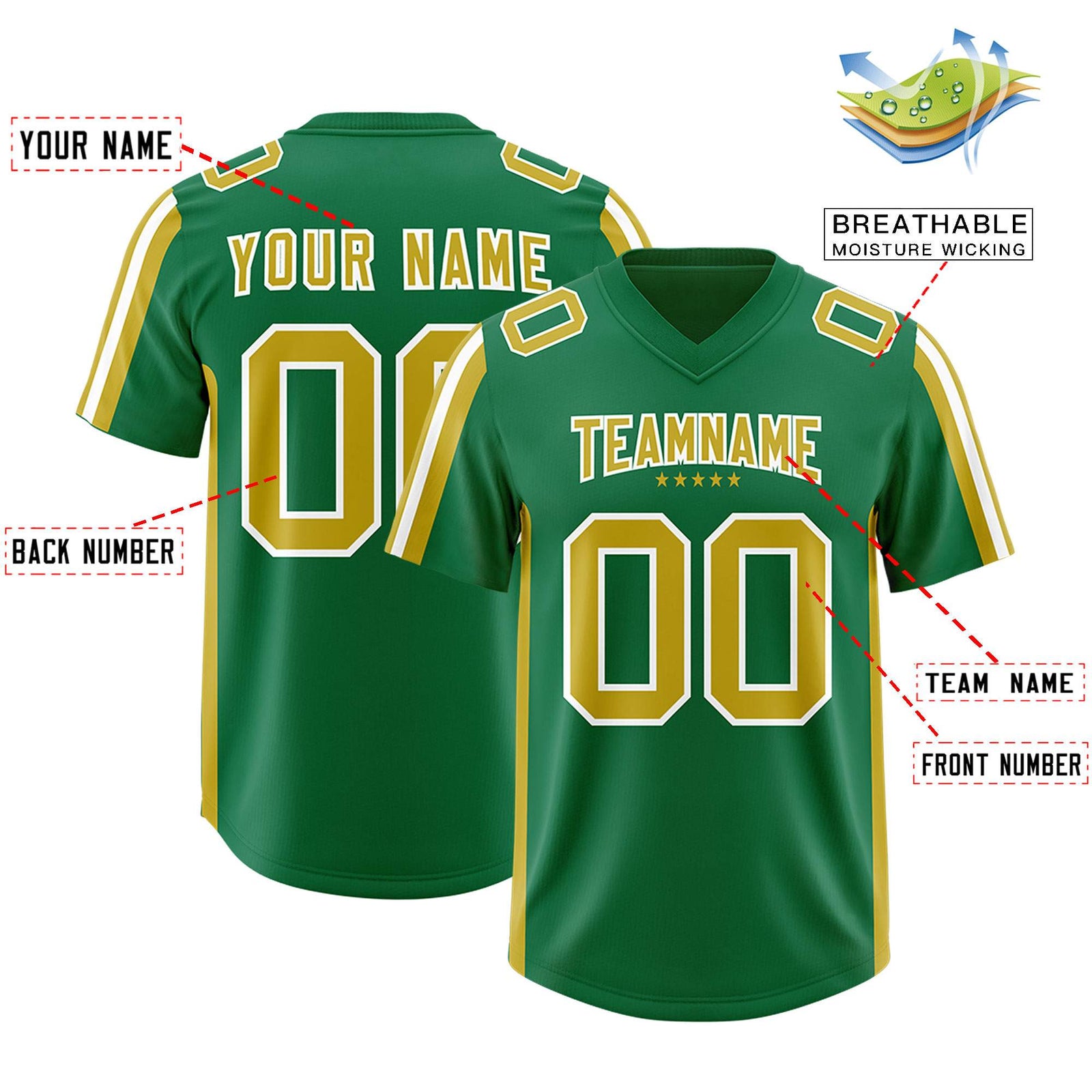 Custom Kelly Green Old Gold and White Side Stripe Pattern Authentic Football Jersey
