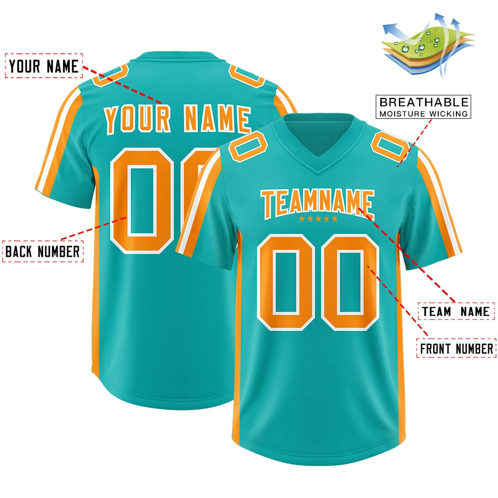 Custom Aqua Orange and White Side Stripe Pattern Authentic Football Jersey
