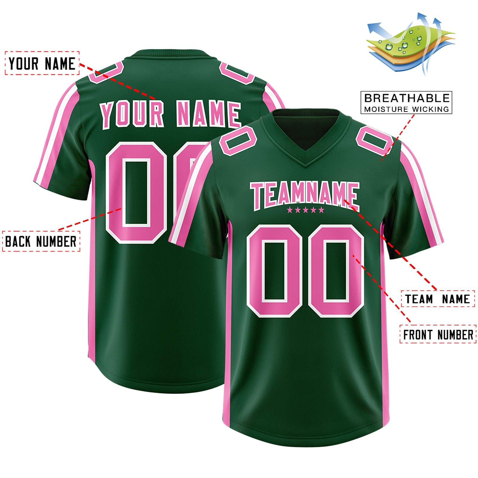 Custom Green Pink and White Side Stripe Pattern Authentic Football Jersey