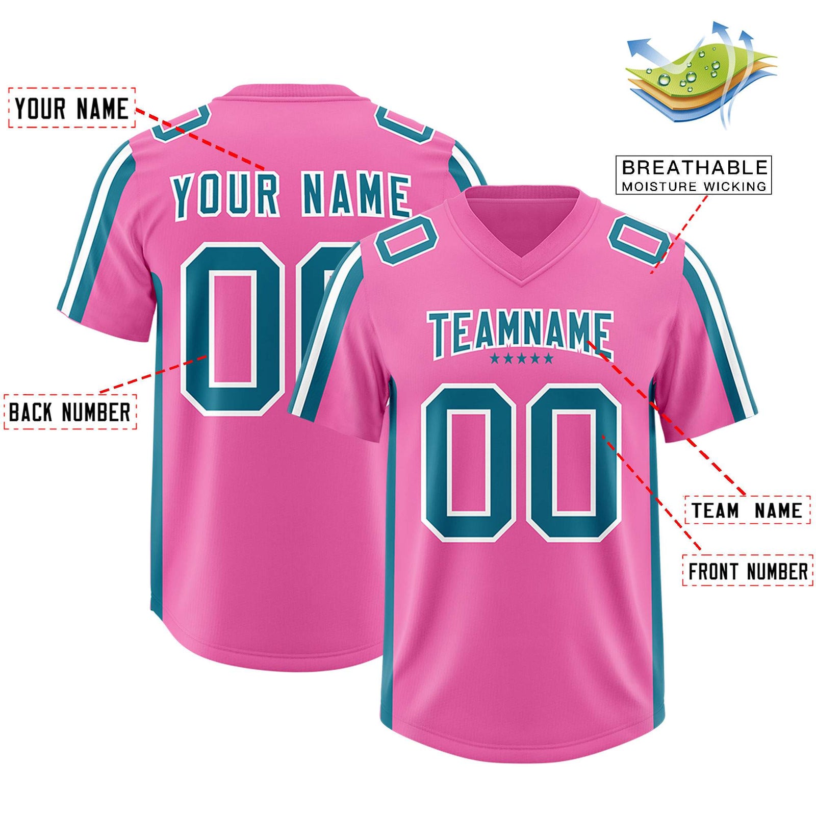 Custom Pink Aqua and White Side Stripe Pattern Authentic Football Jersey