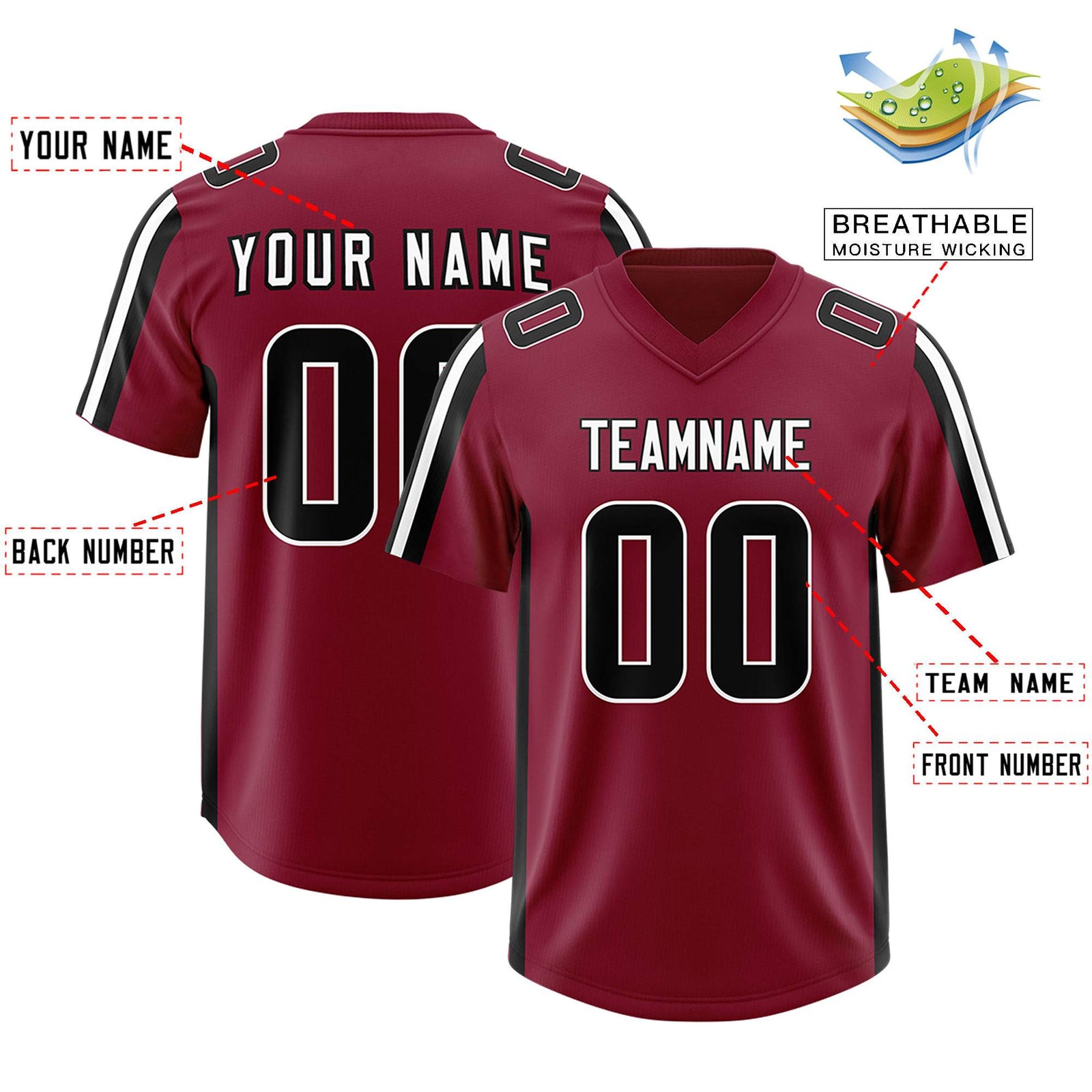 Custom Cardinal Black and White Side Stripe Pattern Authentic Football Jersey