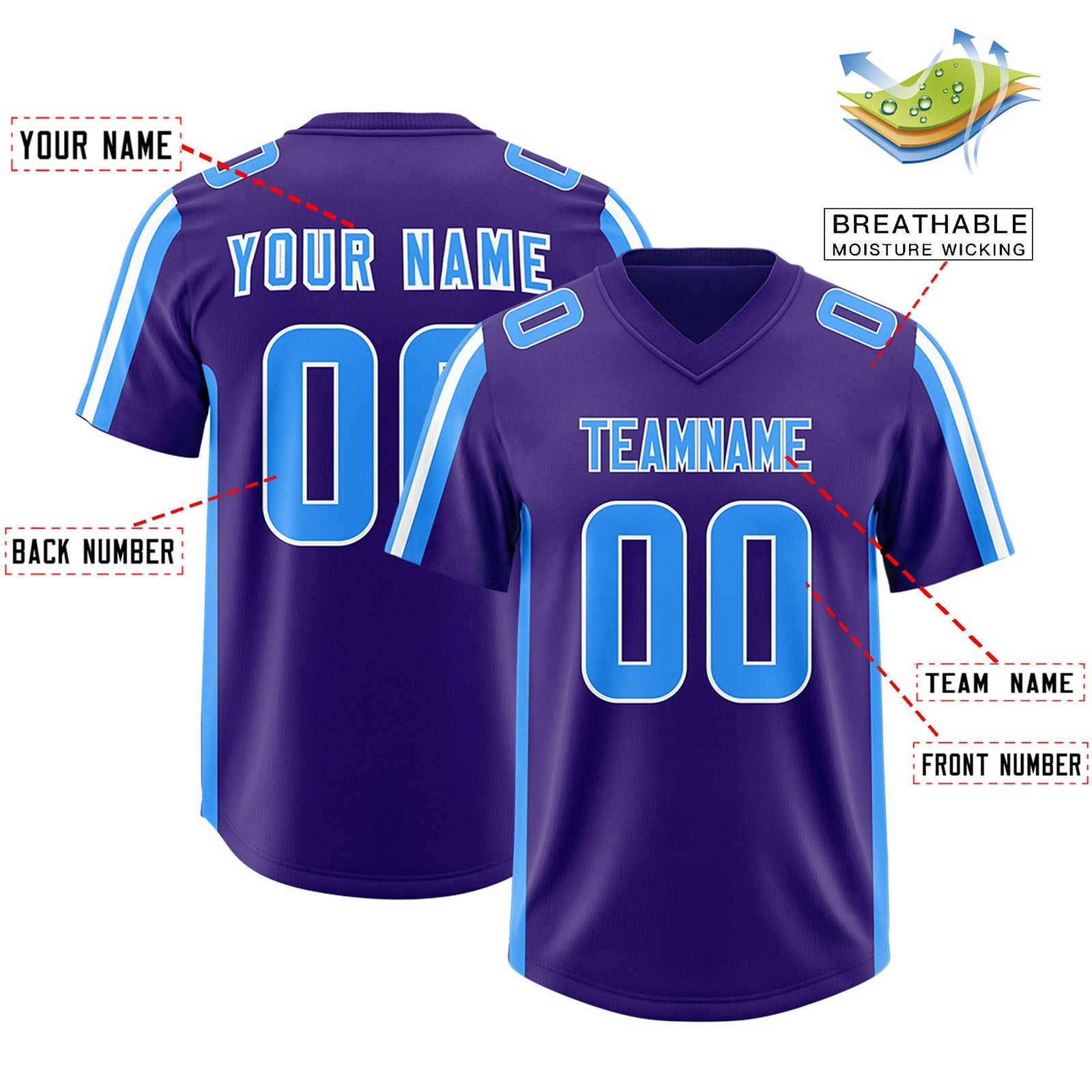 Custom Purple Light Blue and White Side Stripe Pattern Authentic Football Jersey