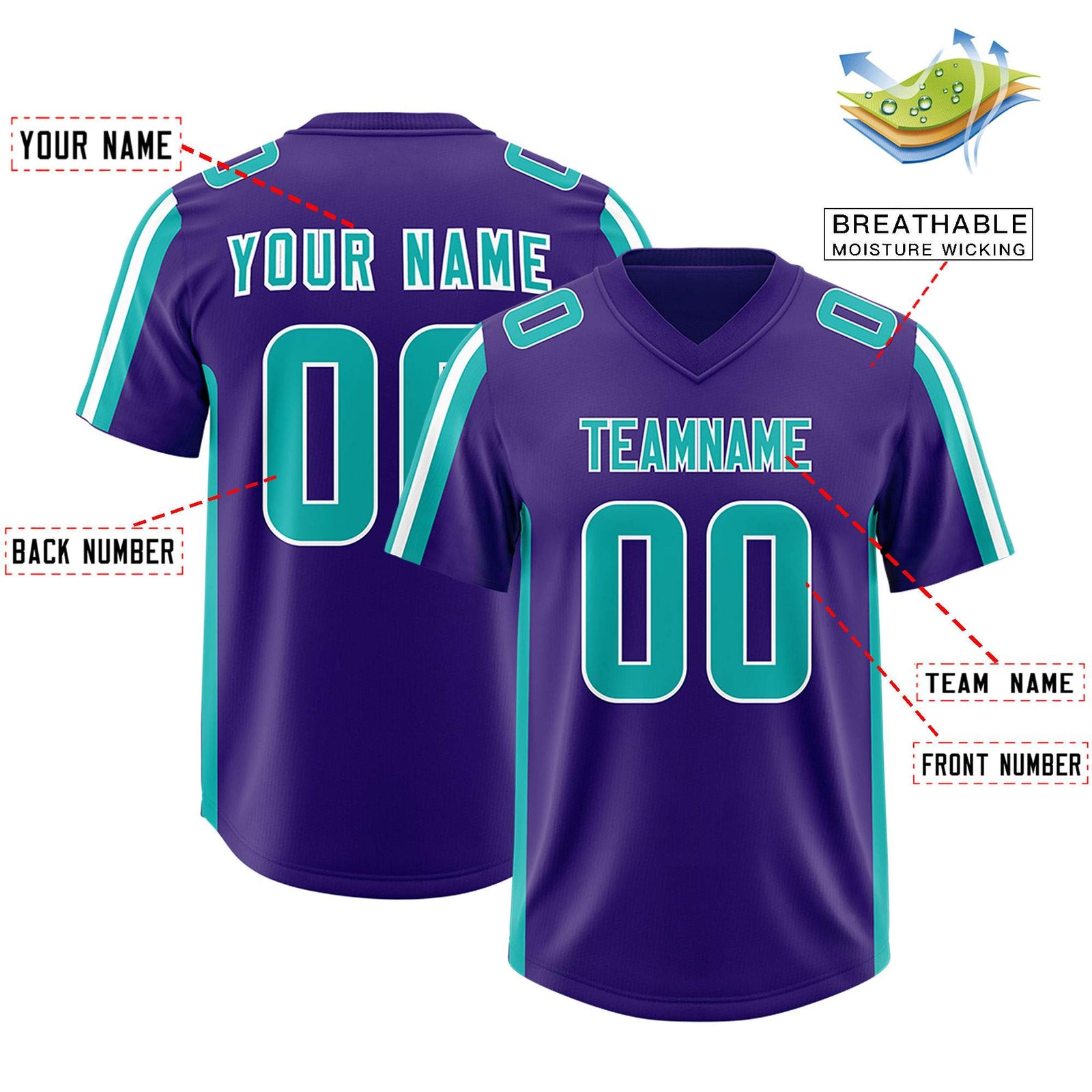 Custom Purple Aqua and White Side Stripe Pattern Authentic Football Jersey