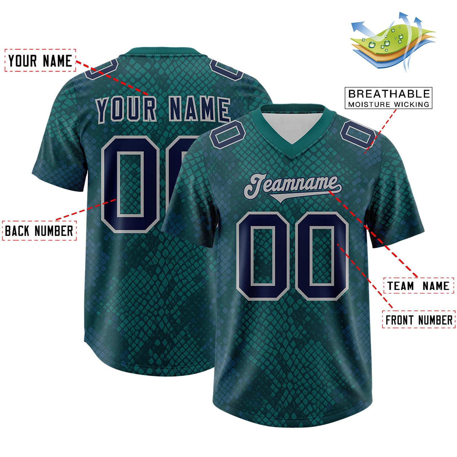 Custom Aqua Personalized Snakeskin Graffiti Pattern Authentic Football Jersey