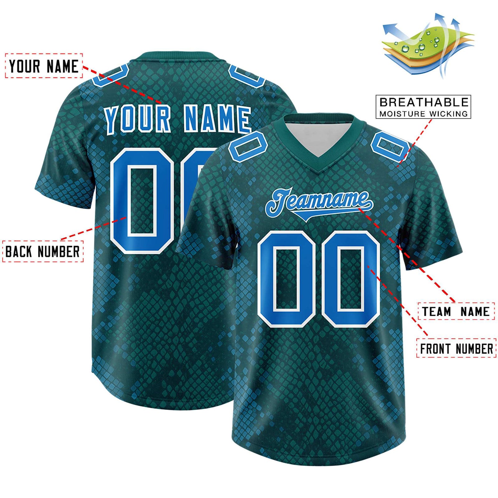 Custom Aqua Personalized Snakeskin Graffiti Pattern Authentic Football Jersey
