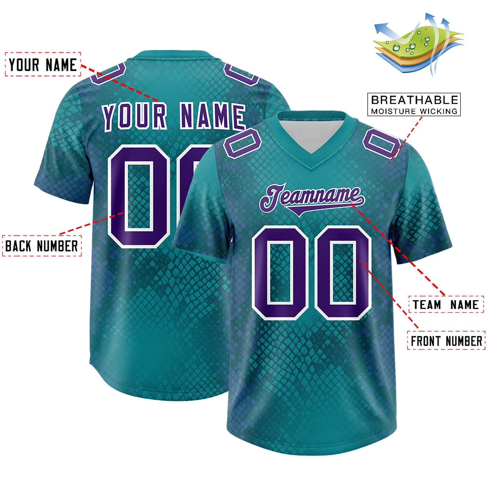 Custom Aqua Personalized Snakeskin Graffiti Pattern Authentic Football Jersey