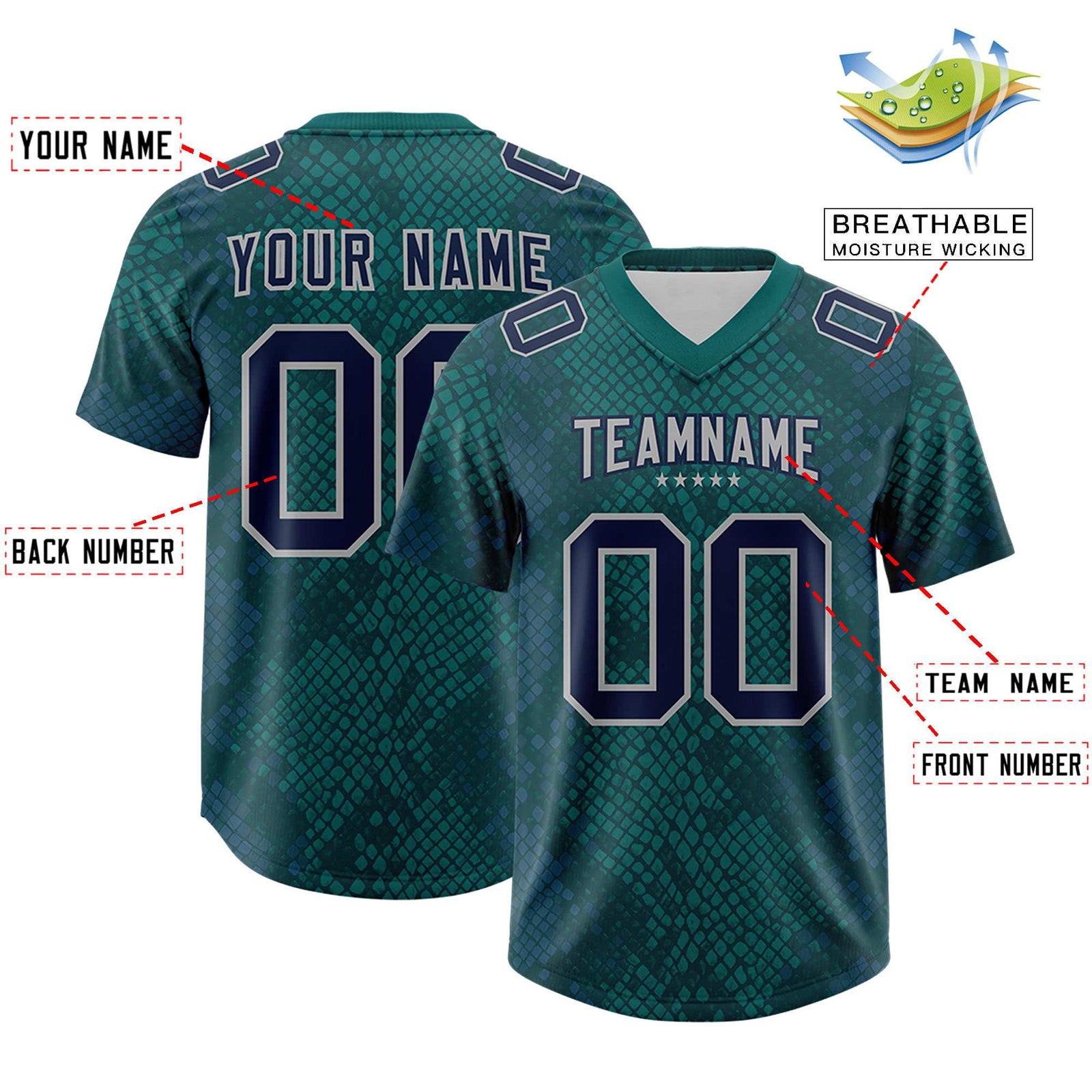 Custom Aqua Personalized Snakeskin Graffiti Pattern Authentic Football Jersey