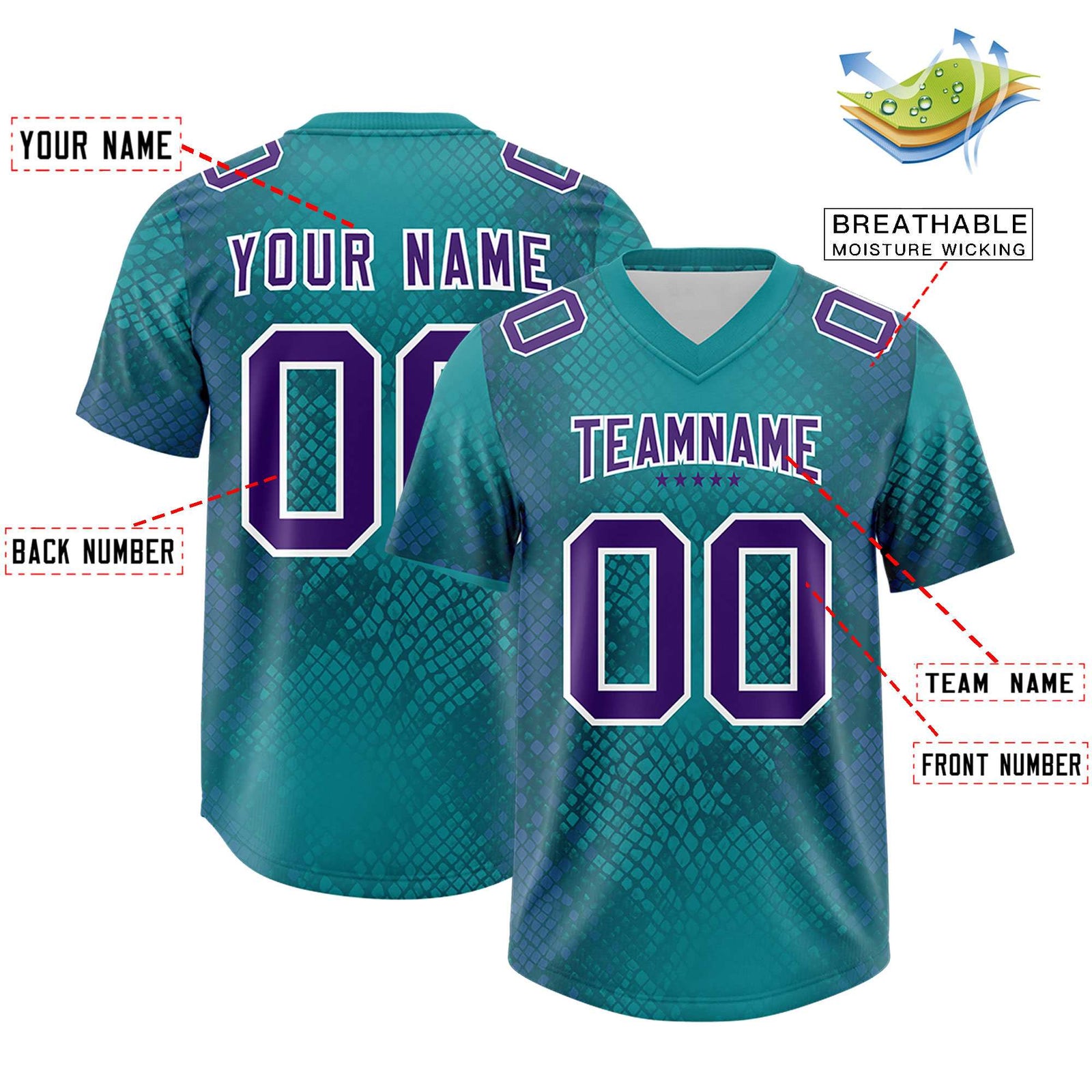 Custom Aqua Personalized Snakeskin Graffiti Pattern Authentic Football Jersey