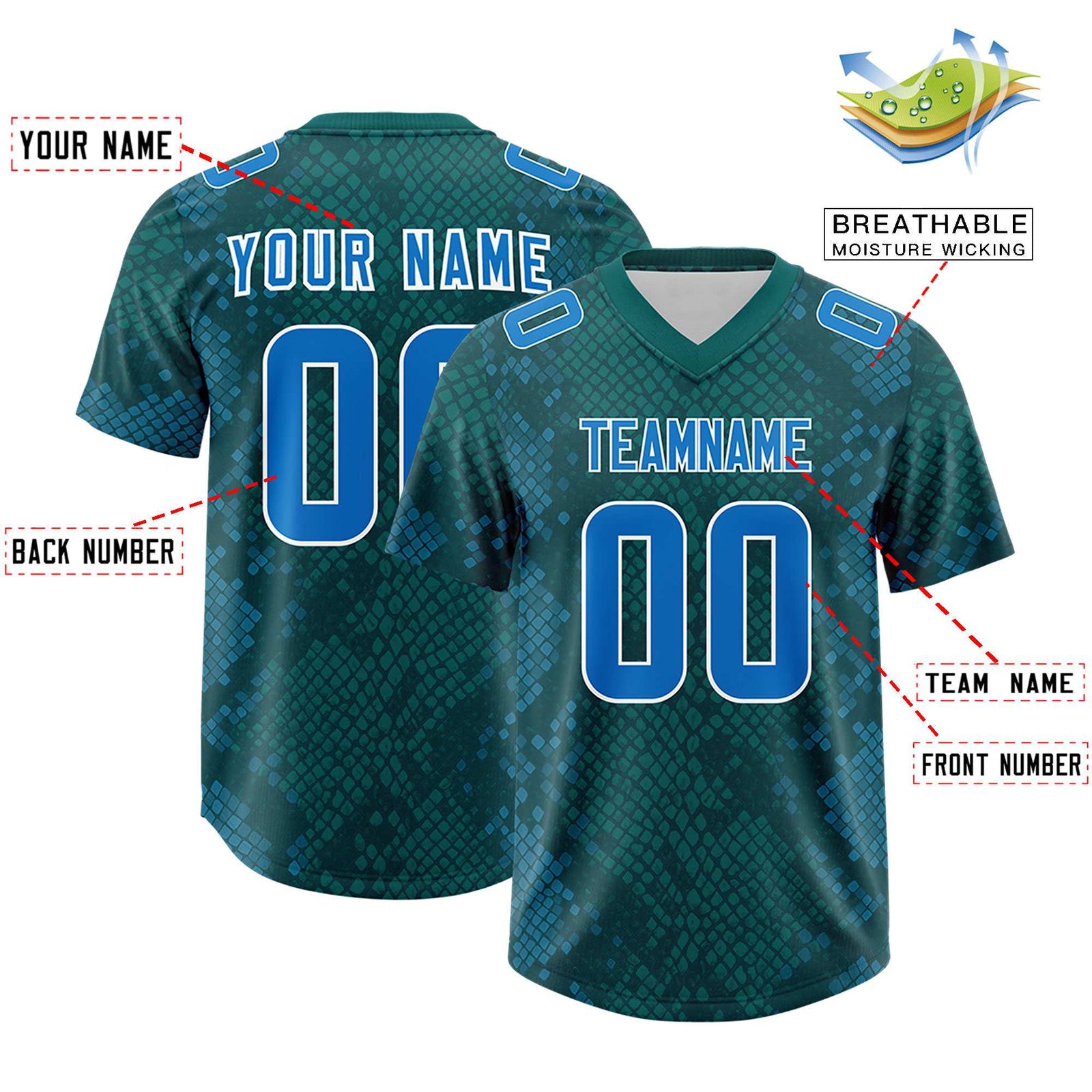 Custom Aqua Personalized Snakeskin Graffiti Pattern Authentic Football Jersey