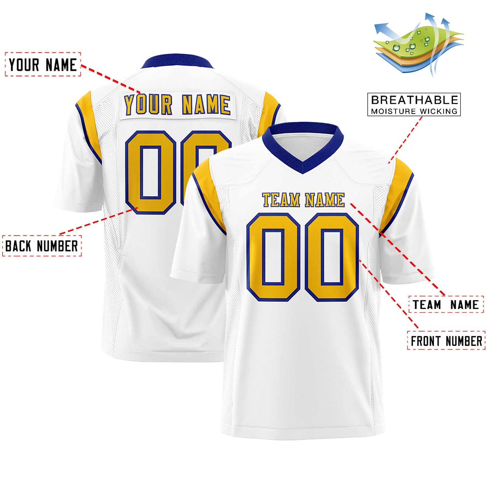 Custom Flag Football Jersey | White Yellow Color Block For Youth & Men | Add Name, Number & Logo | KXKSHOP