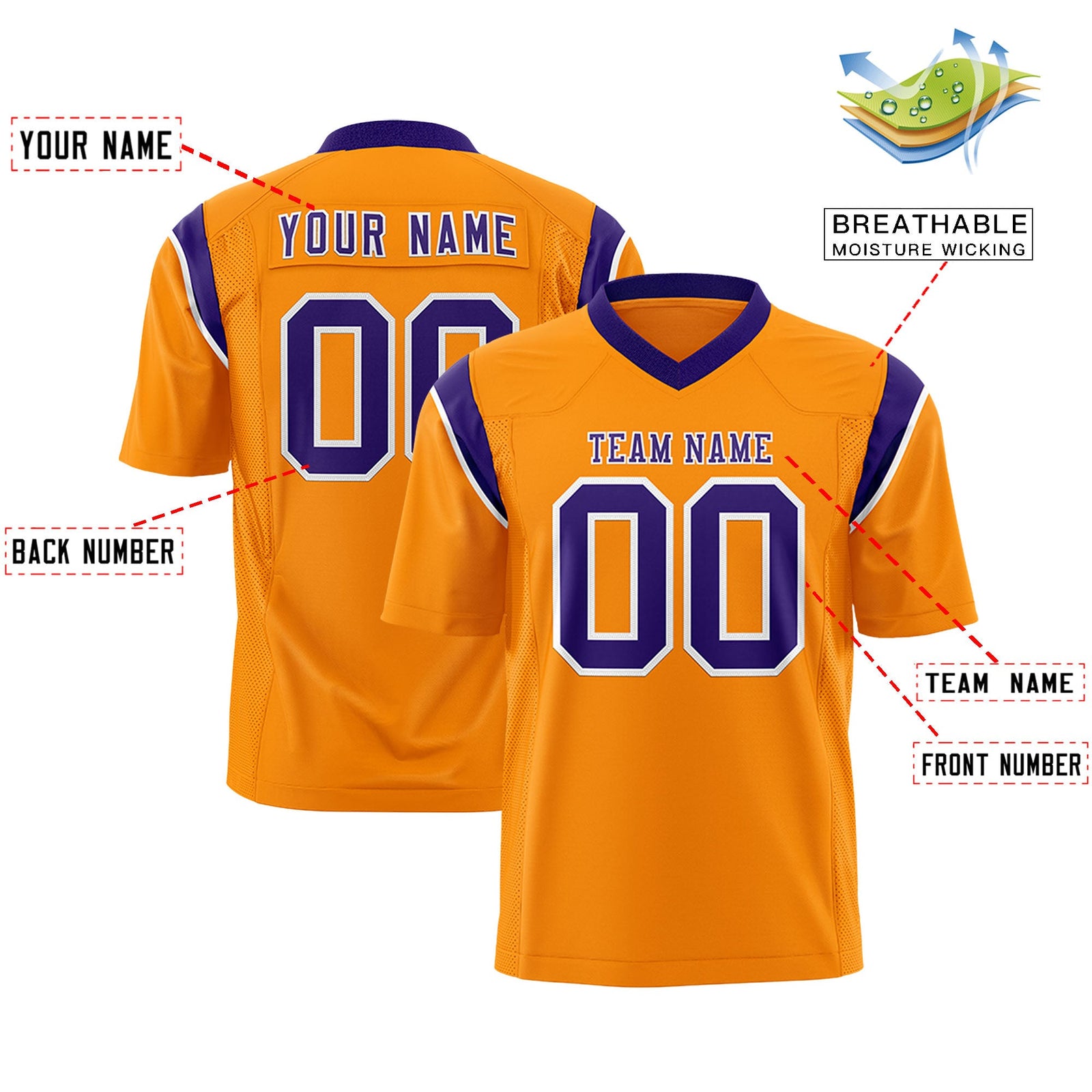 Custom Flag Football Jersey | Gold Orange Purple Color Block For Youth & Men | Add Name, Number & Logo | KXKSHOP