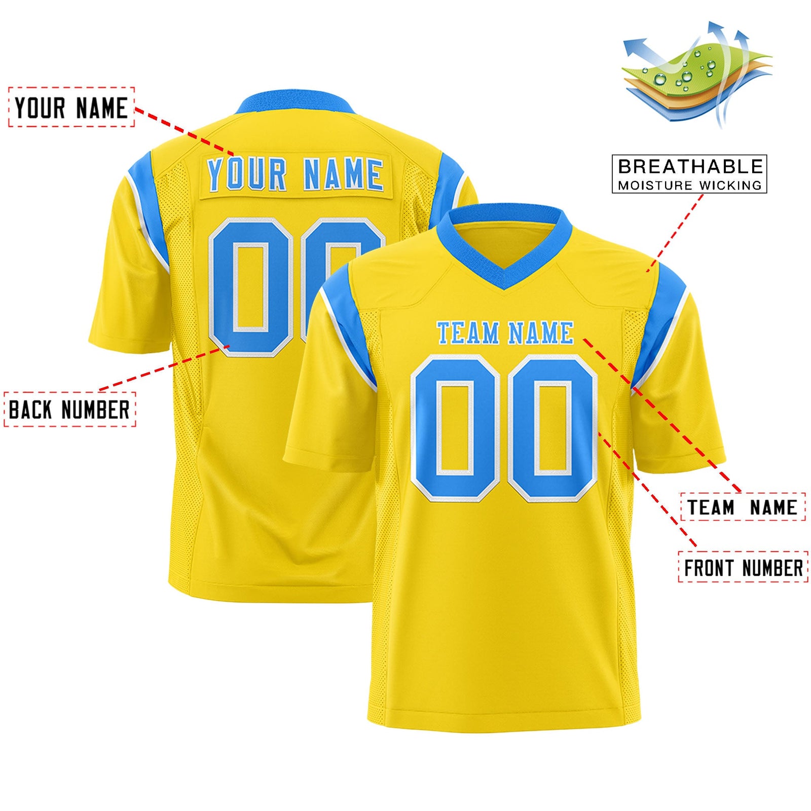 Custom Flag Football Jersey | Gold Powder Blue Color Block For Youth & Men | Add Name, Number & Logo | KXKSHOP