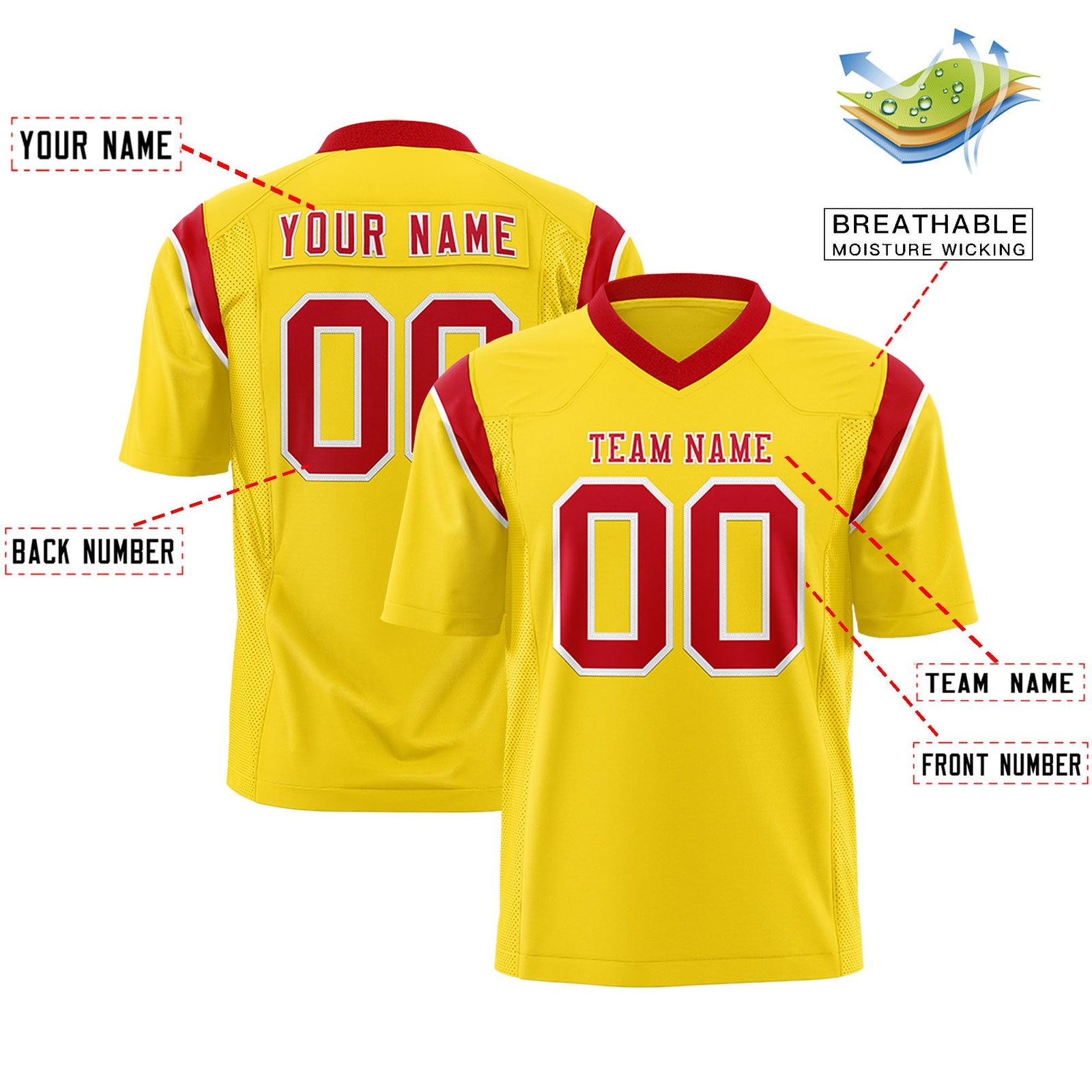 Custom Flag Football Jersey | Gold Red Color Block For Youth & Men | Add Name, Number & Logo | KXKSHOP