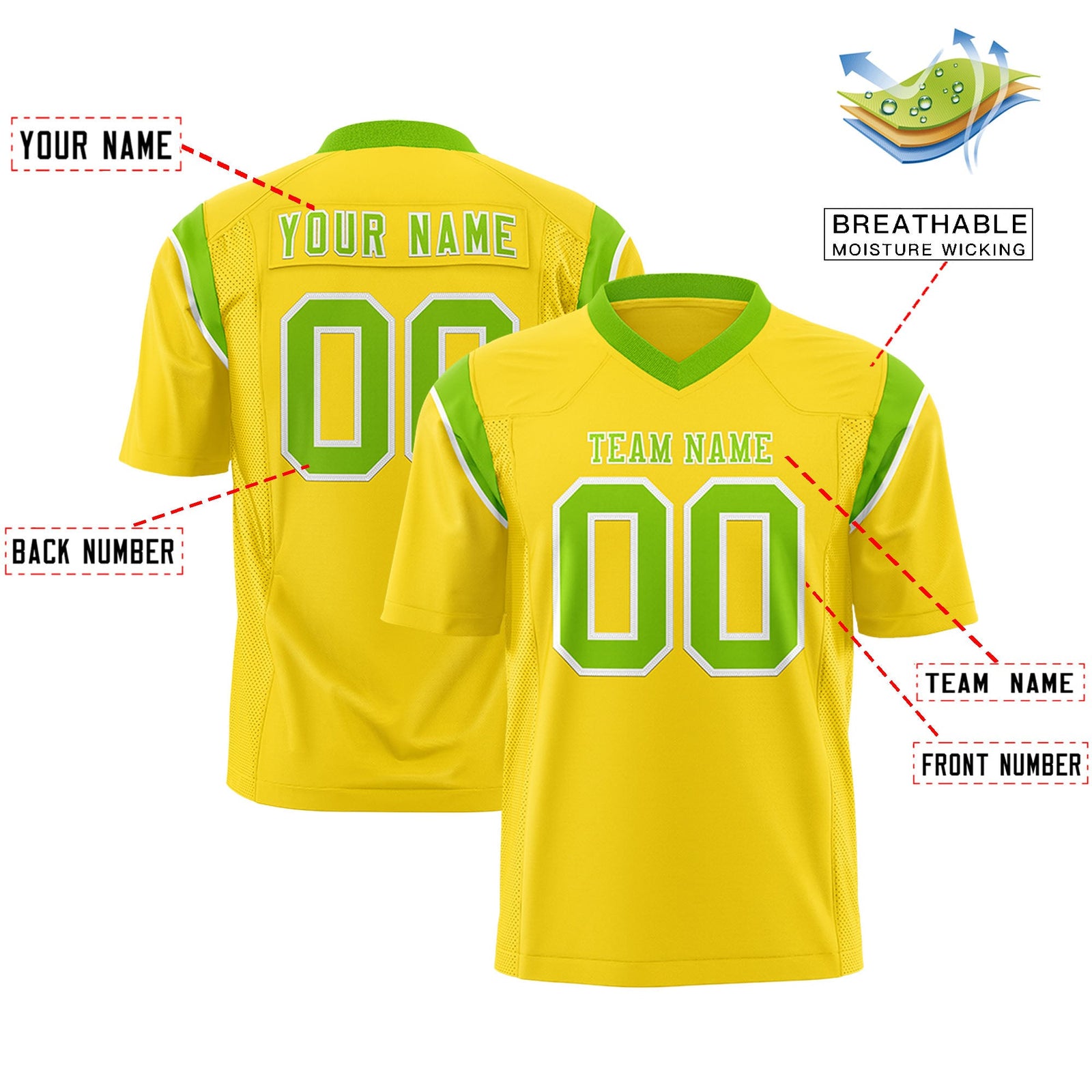 Custom Flag Football Jersey | Gold Neon Green Color Block For Youth & Men | Add Name, Number & Logo | KXKSHOP